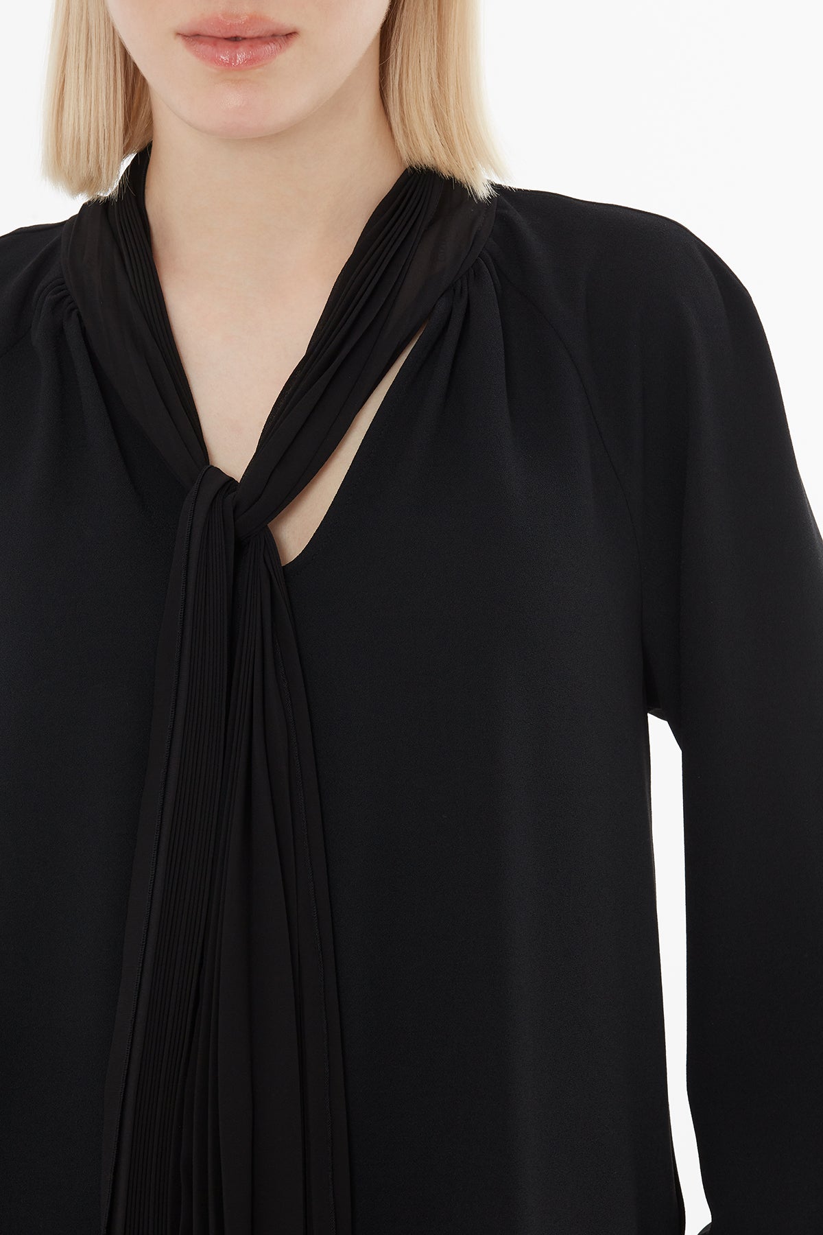 Black Blouse with Pleated Neckline Detail