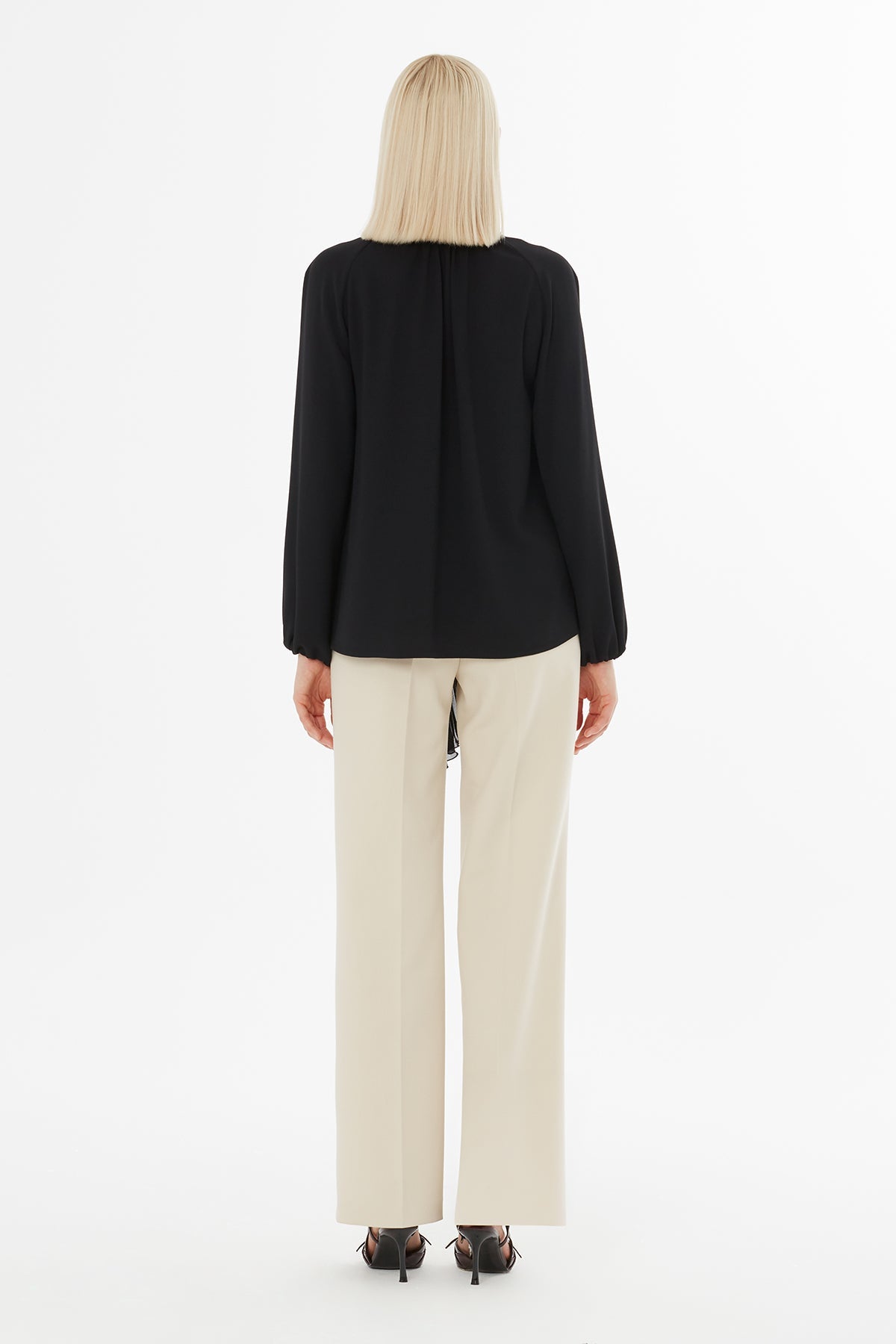 Black Blouse with Pleated Neckline Detail