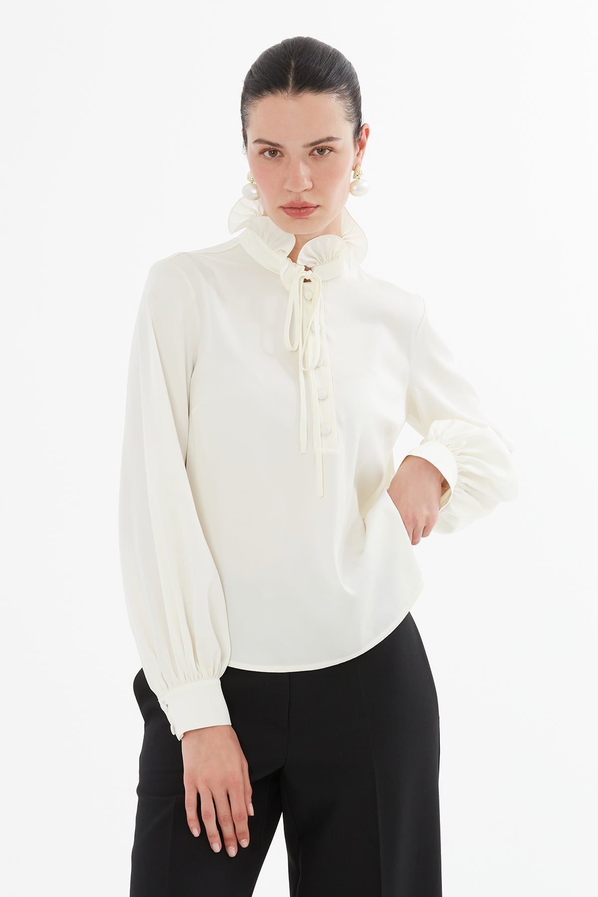 Ecru Blouse with Ruffle Collar Detail
