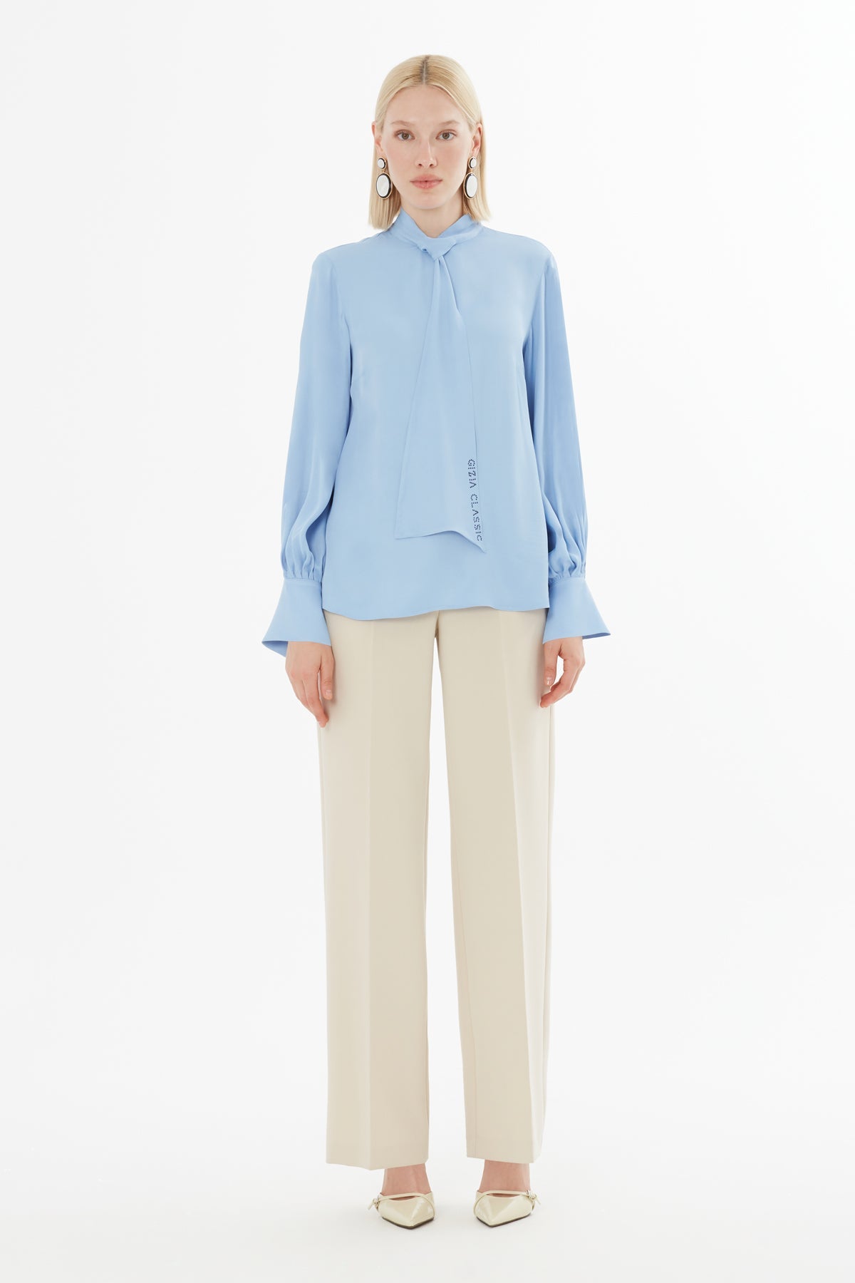 Blue Blouse with Gathered Sleeves