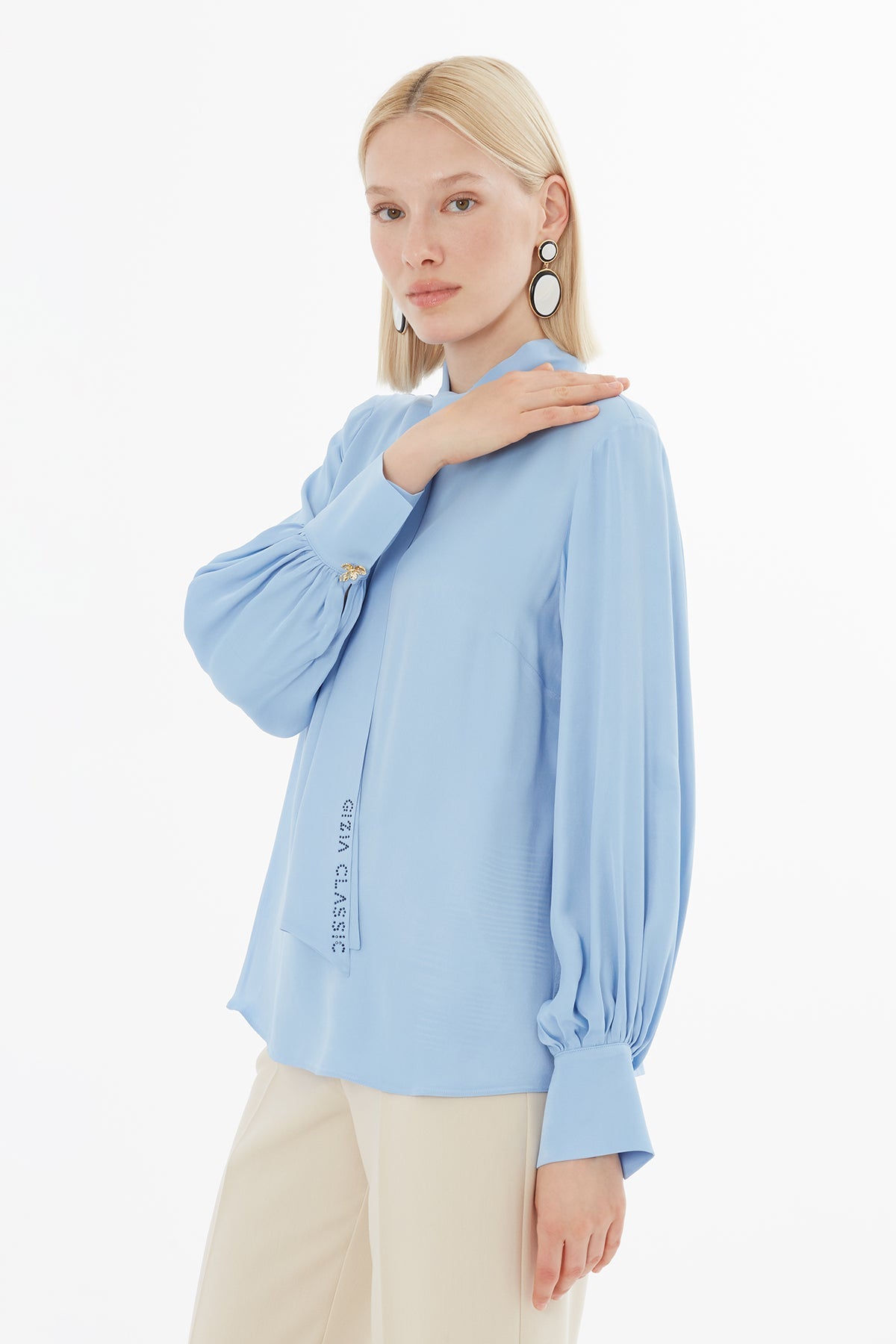 Blue Blouse with Gathered Sleeves