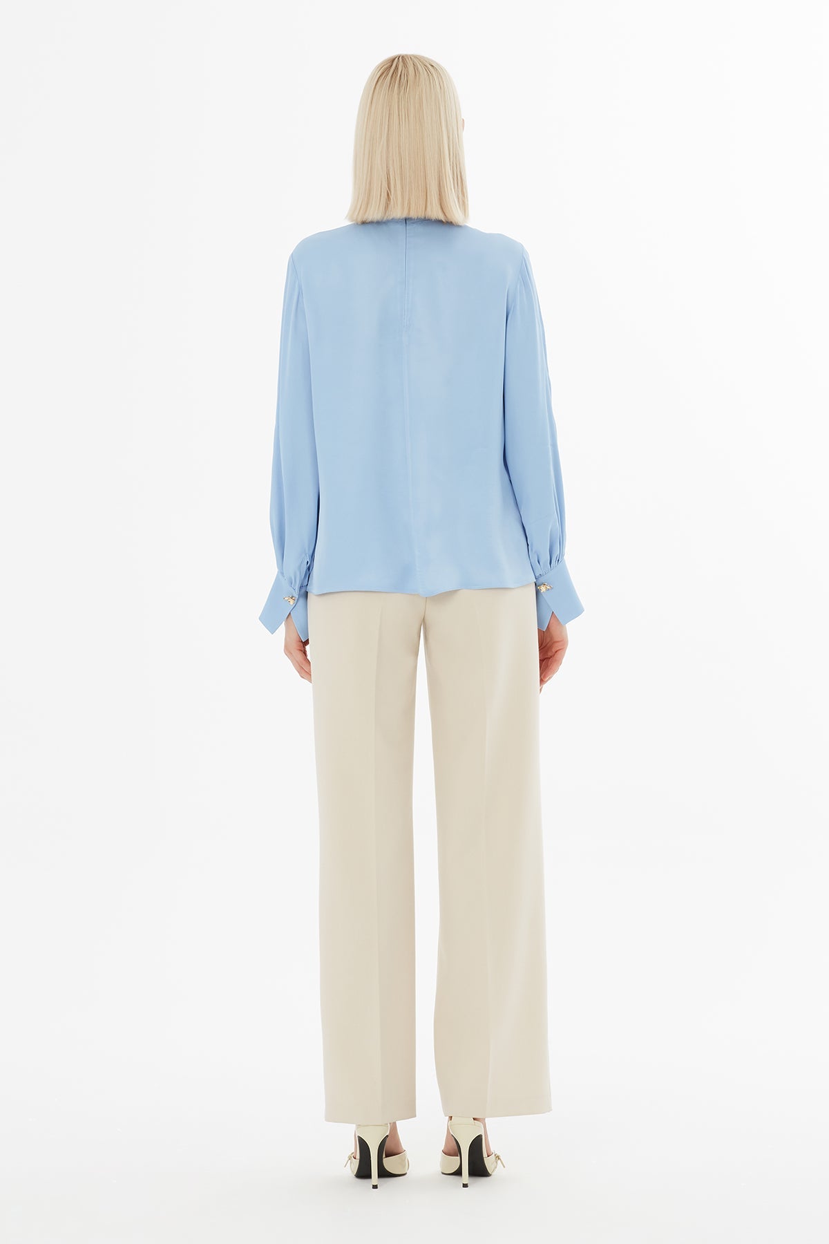 Blue Blouse with Gathered Sleeves