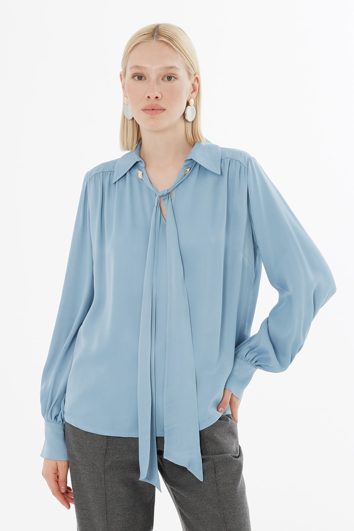 Blue V-Neck Shirt with Scarf Detail