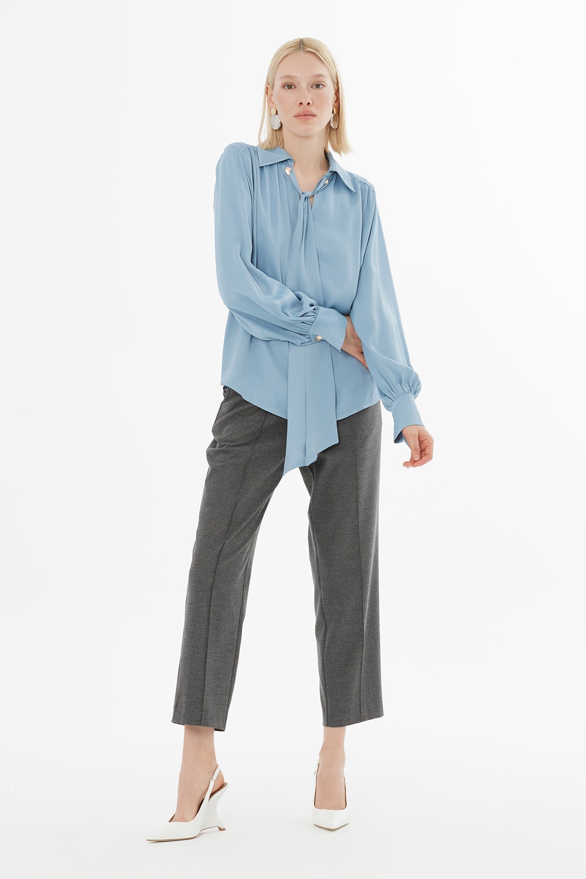 Blue V-Neck Shirt with Scarf Detail