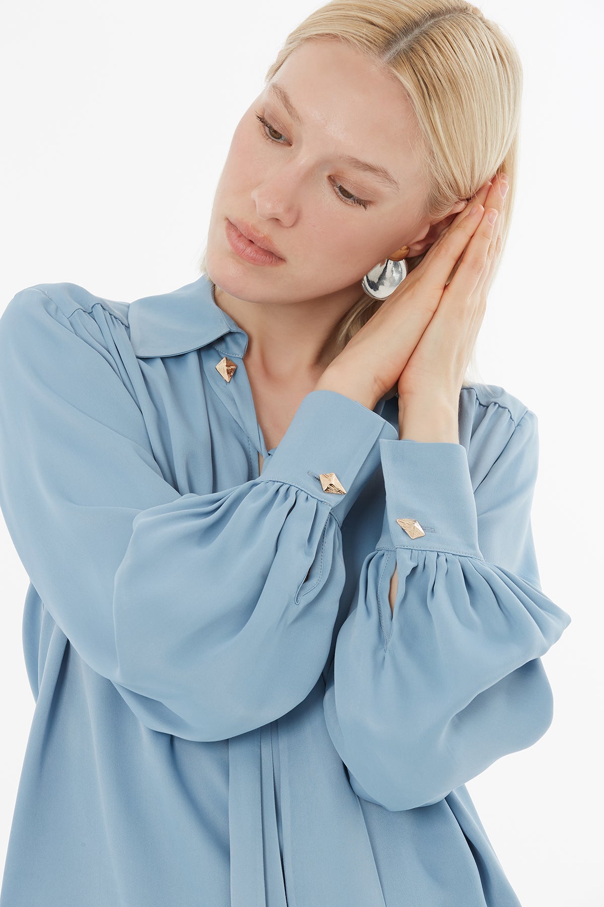 Blue V-Neck Shirt with Scarf Detail