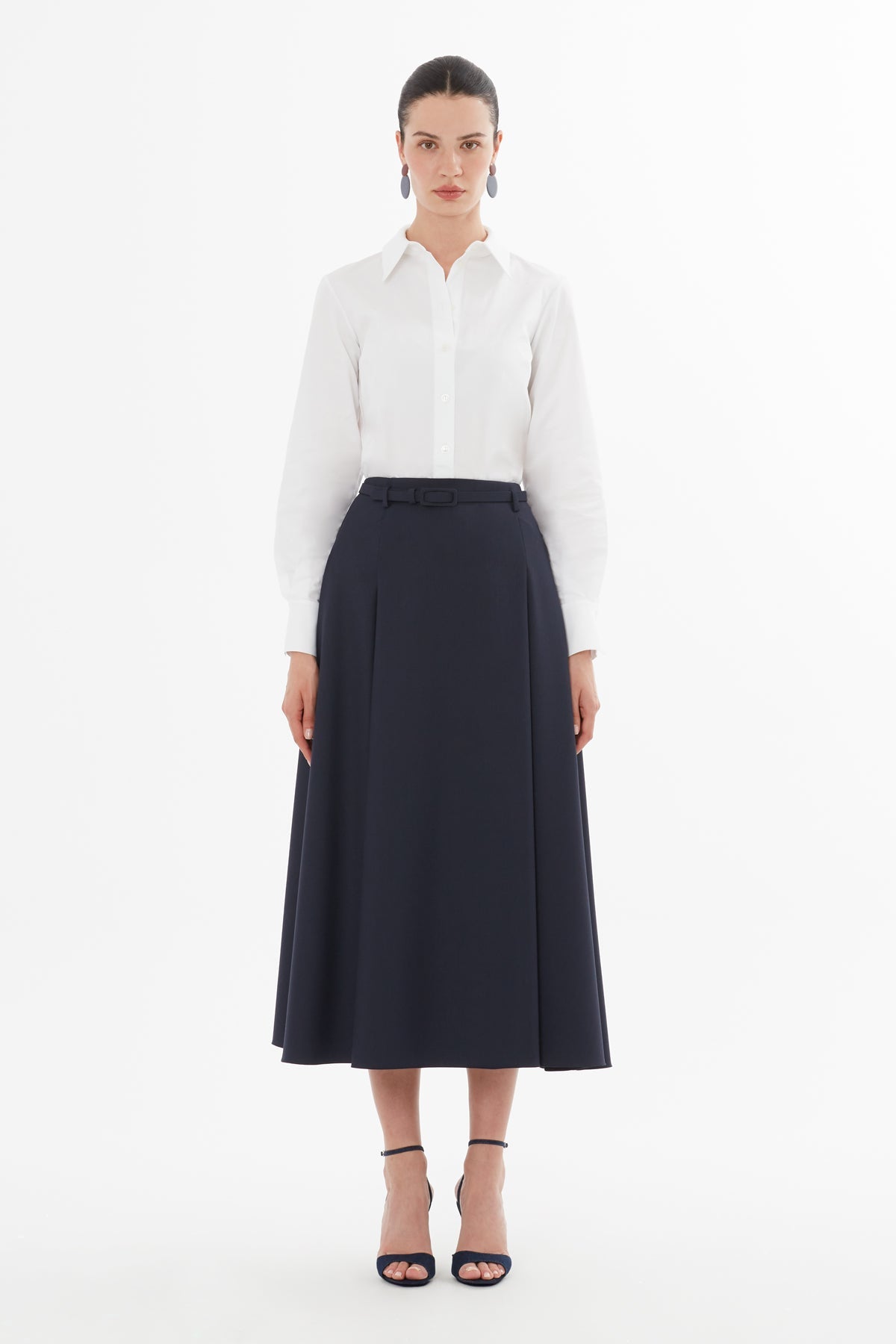 Black Belted Pleated Midi Skirt