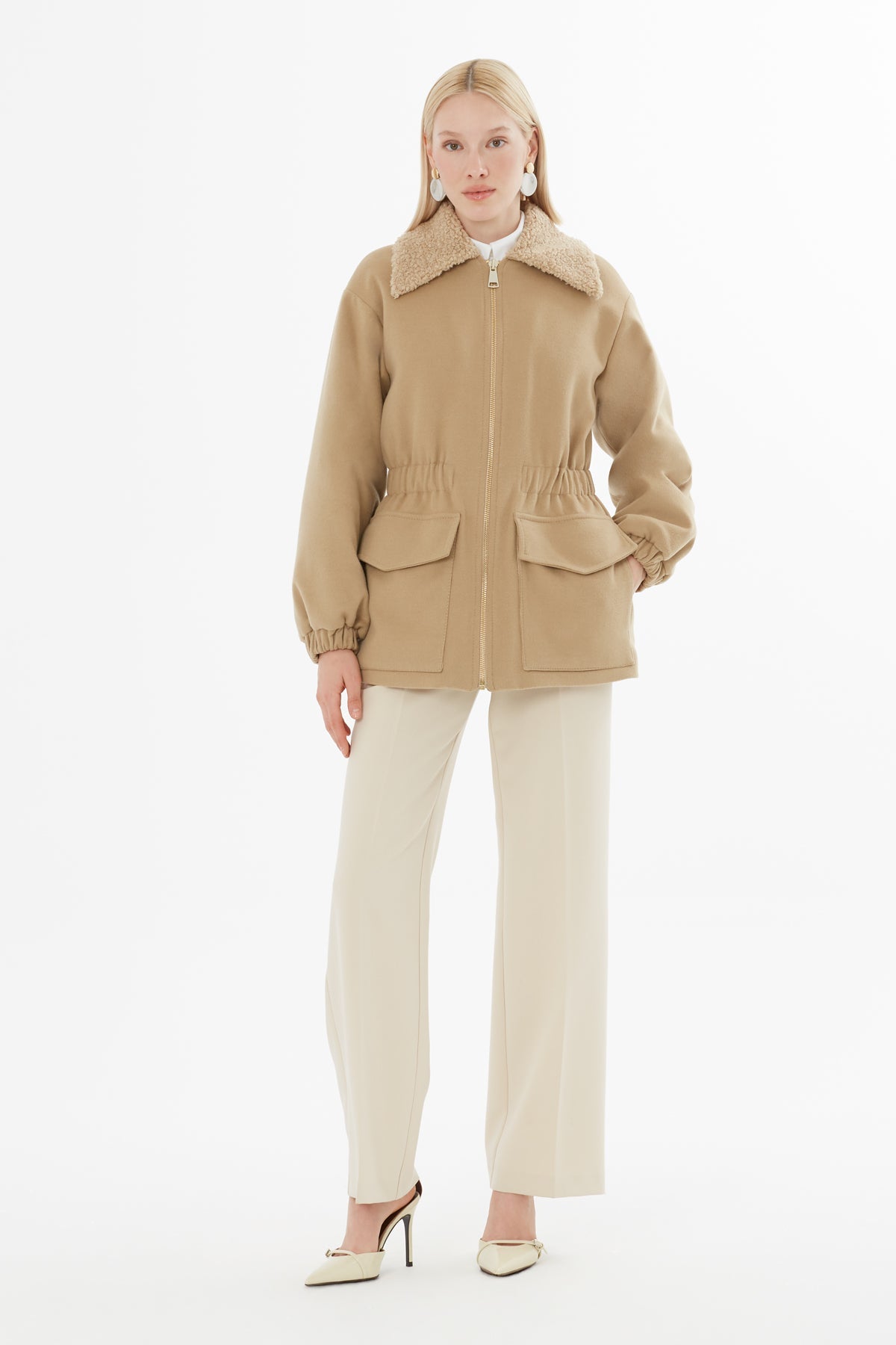 Brown Fur-Collar Elastic-Waist Long Coat