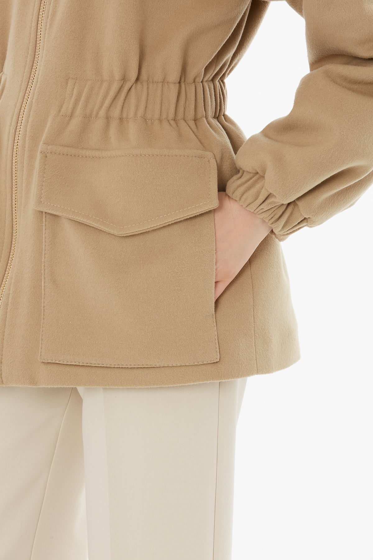 Brown Fur-Collar Elastic-Waist Long Coat