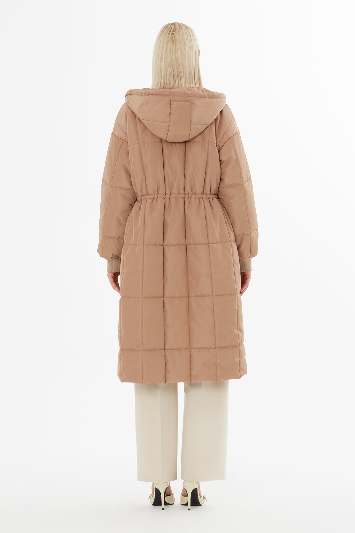 Beige Big Pocket Long Quilted Coat