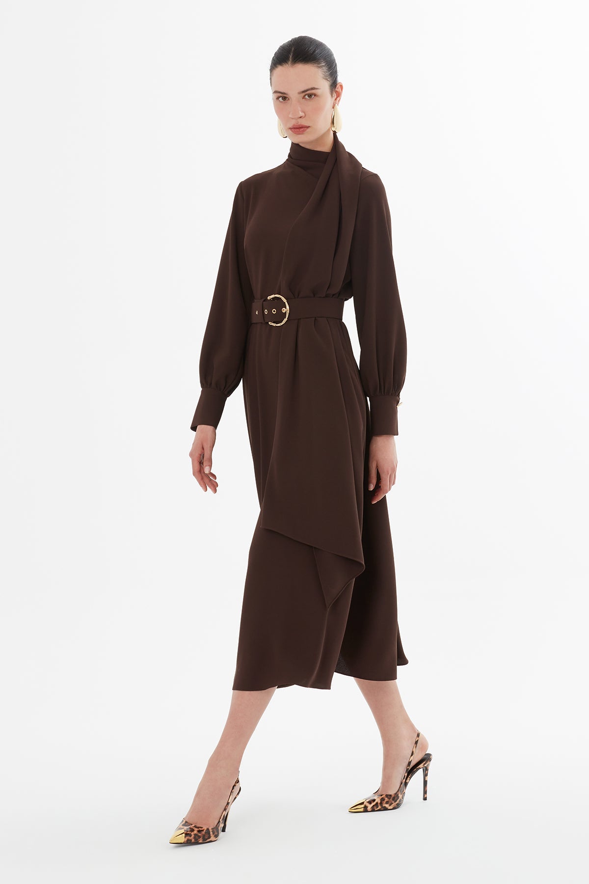 Belted Long Sleeve Midi Dress