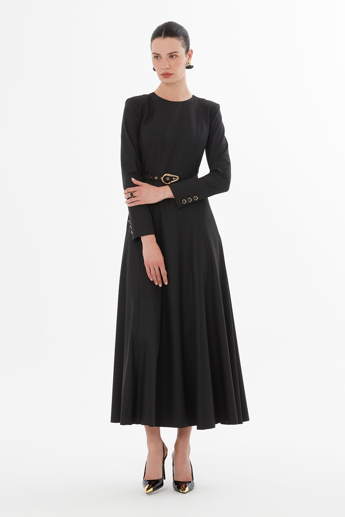 Black Belted Pleated Midi Dress