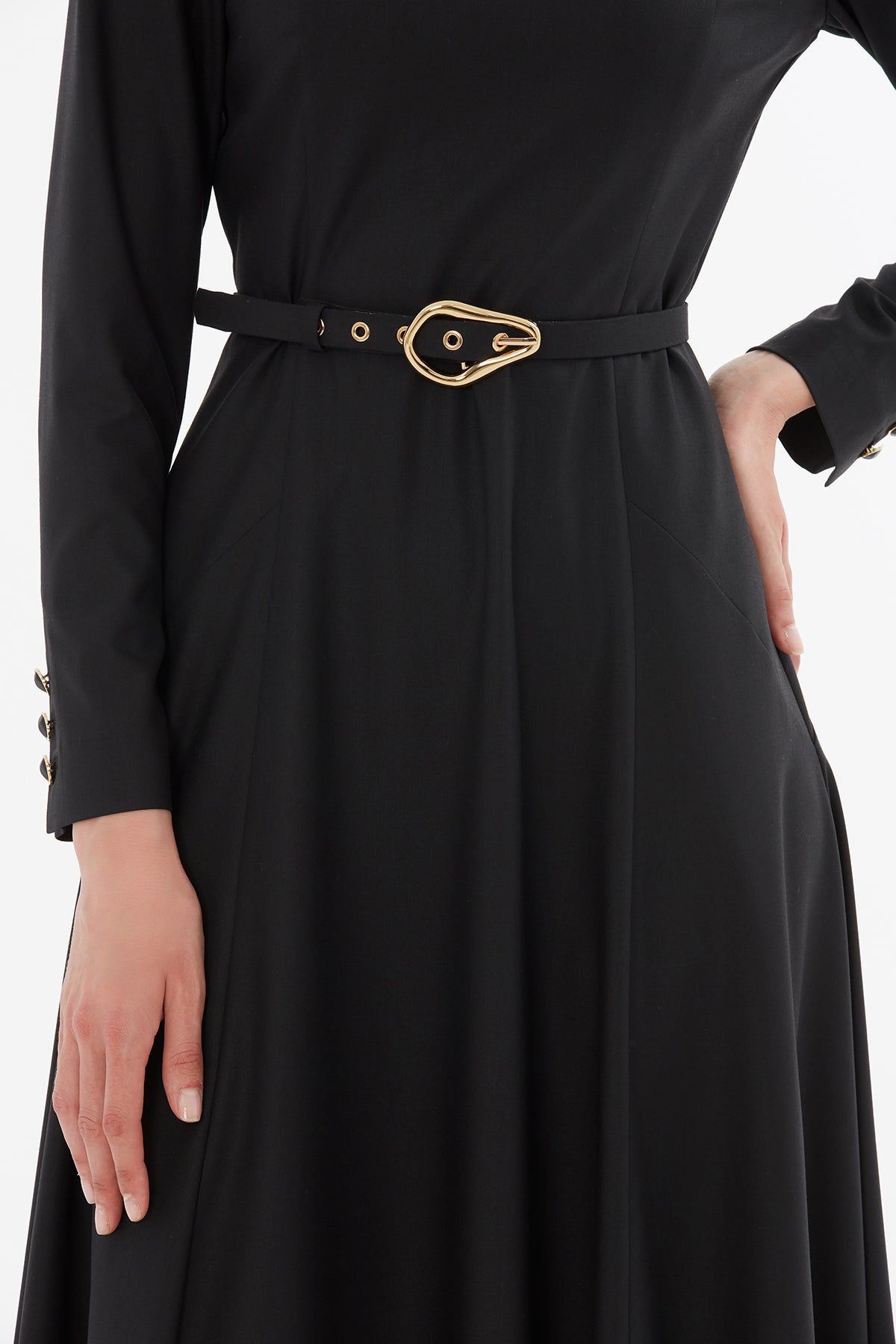 Black Belted Pleated Midi Dress