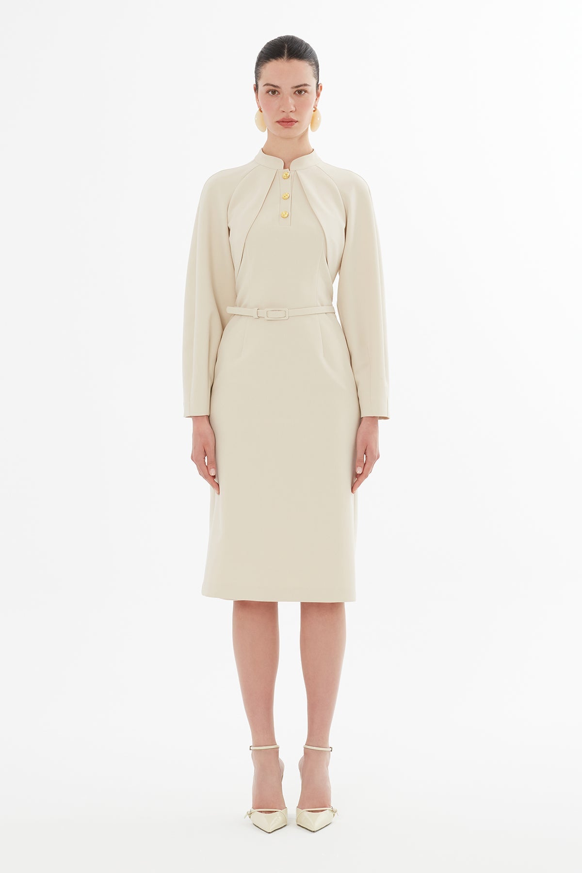 Beige Midi Dress with Buttoned Belt