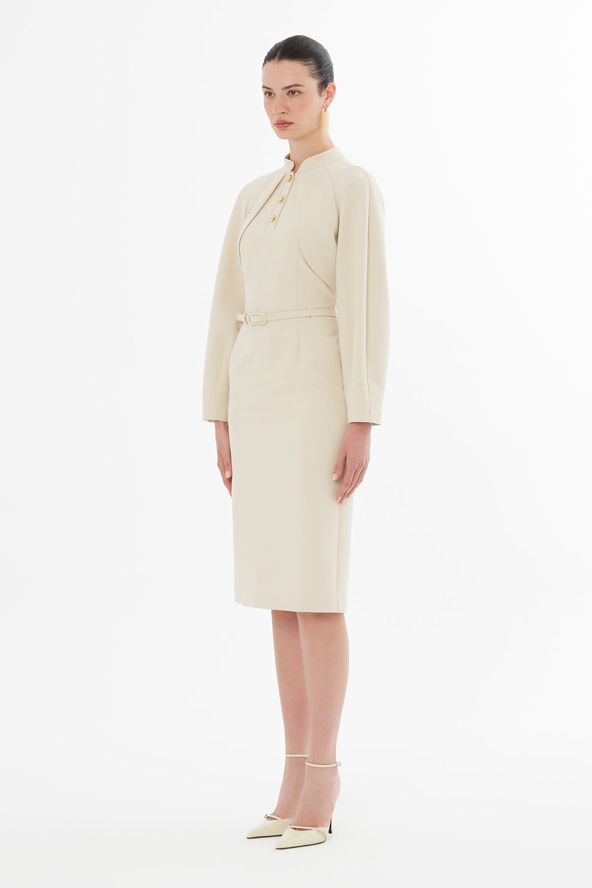 Beige Midi Dress with Buttoned Belt