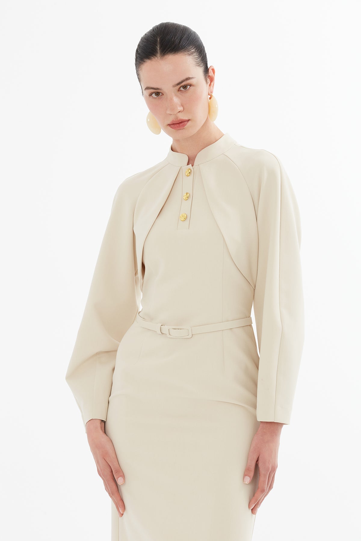 Beige Midi Dress with Buttoned Belt