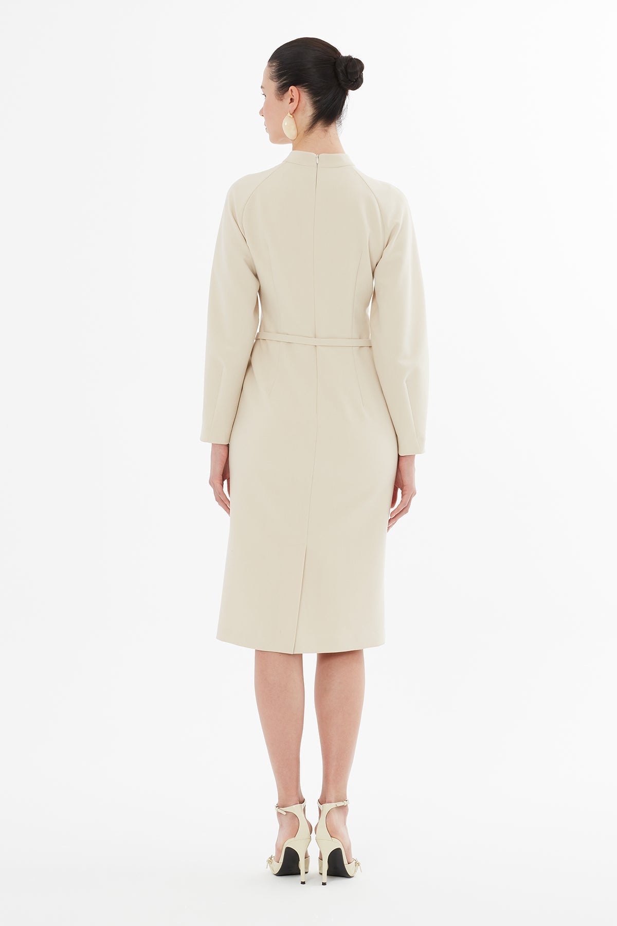 Beige Midi Dress with Buttoned Belt