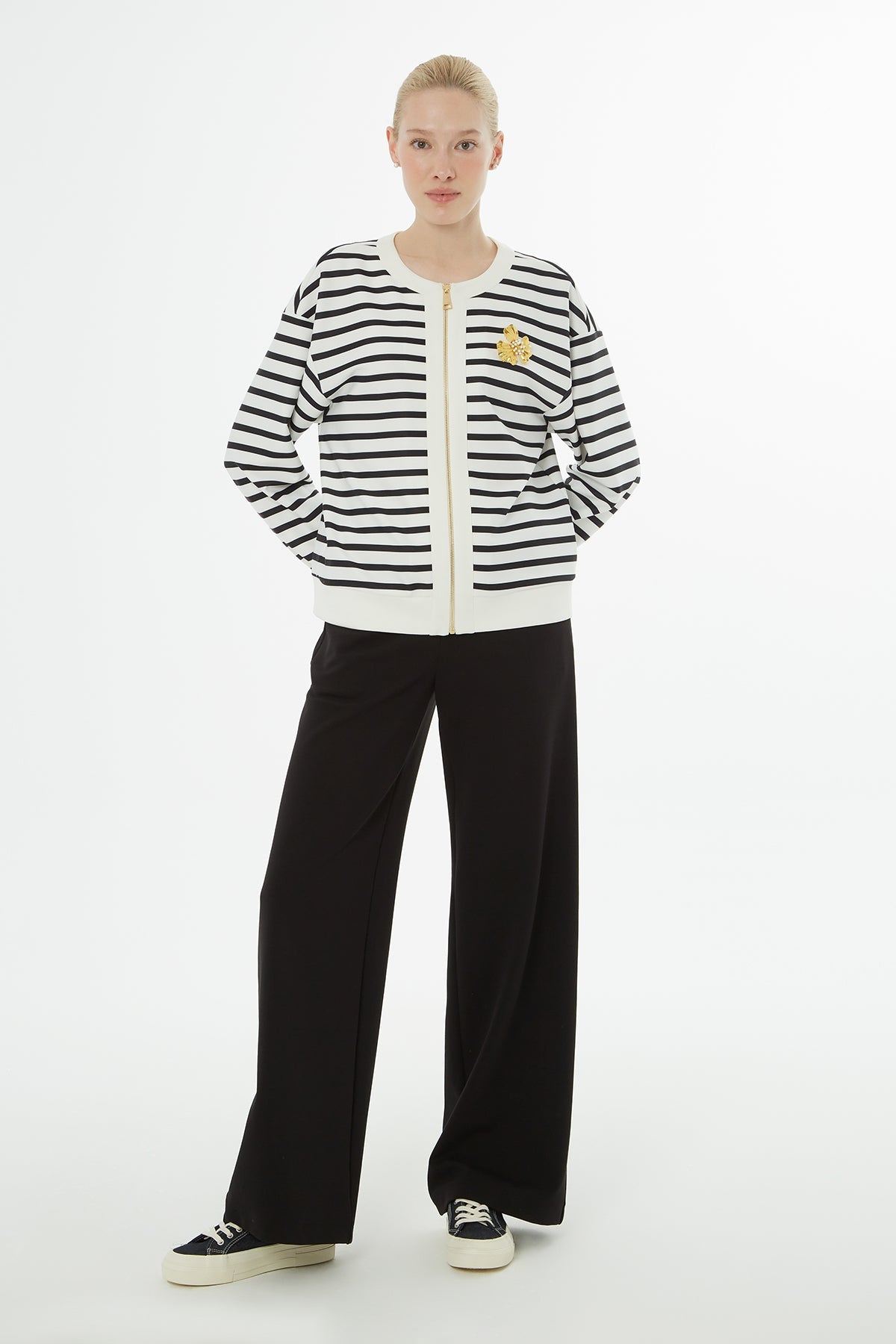 Ecru Striped Cardigan Tracksuit Set