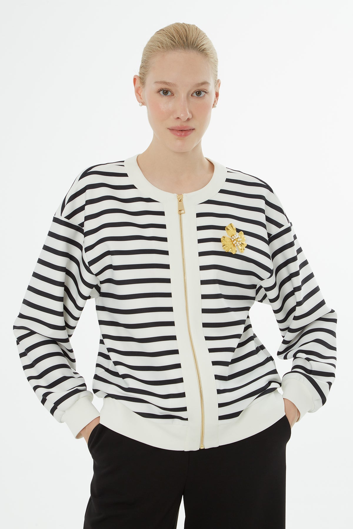 Ecru Striped Cardigan Tracksuit Set