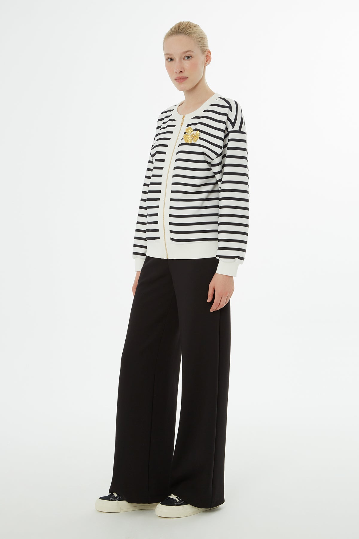 Ecru Striped Cardigan Tracksuit Set