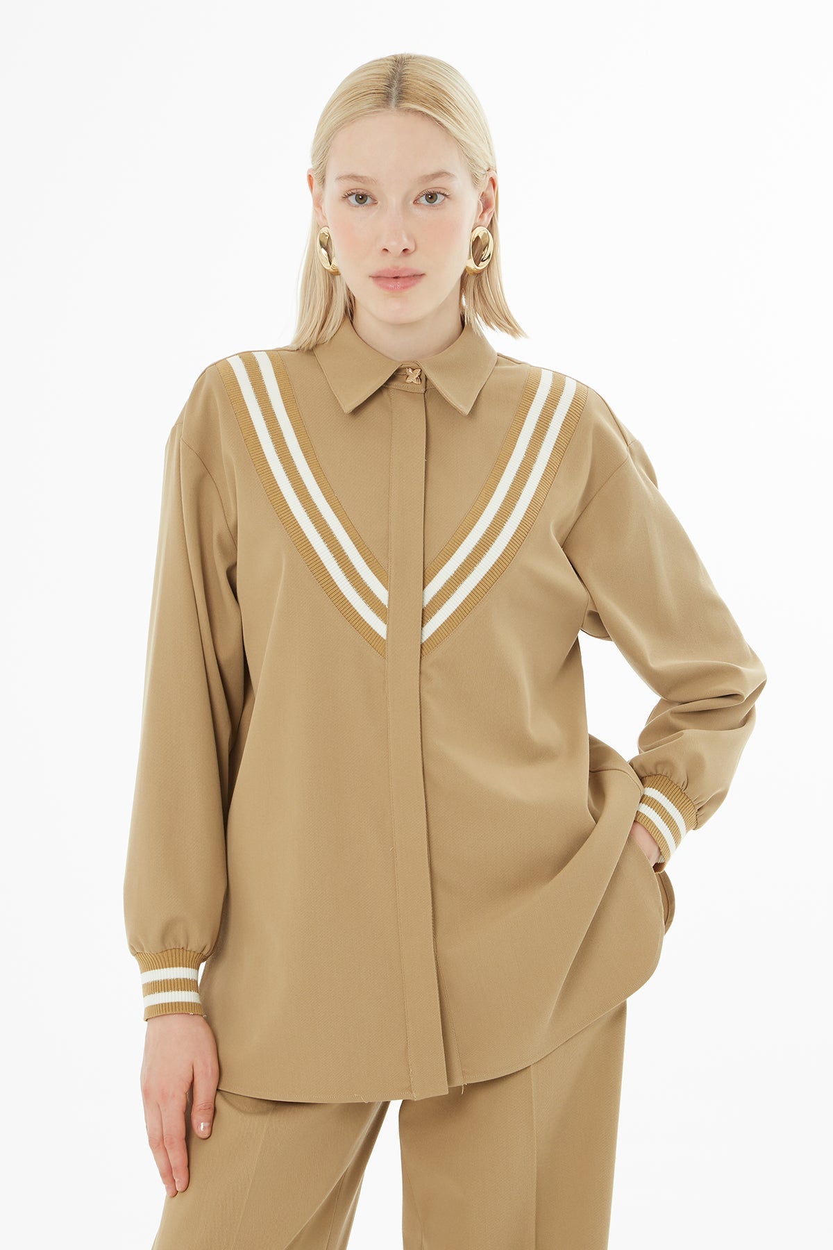 Camel Tracksuit Set with Knitted Detail