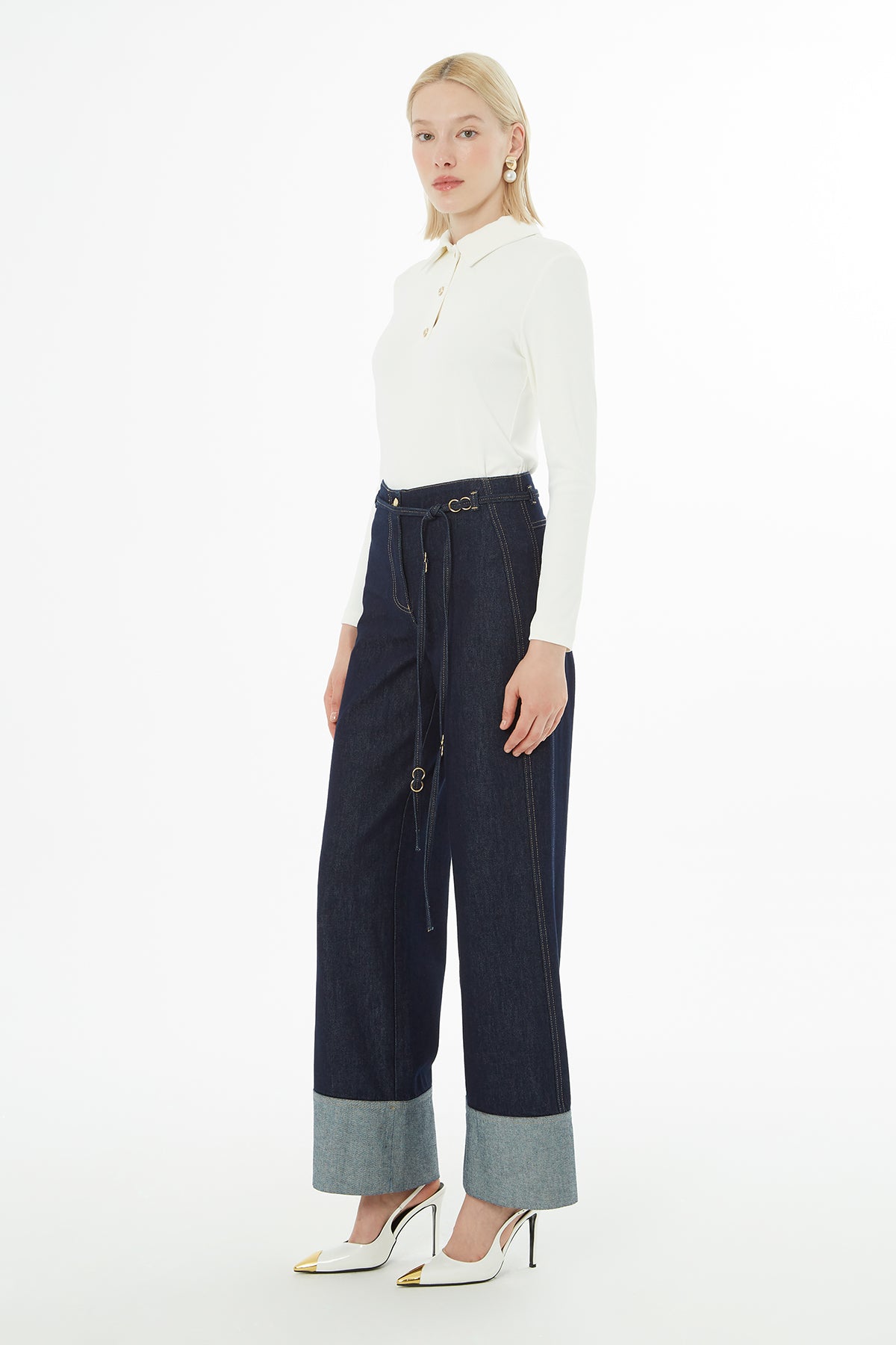 Jeans with Double-Hemmed Belted Detail