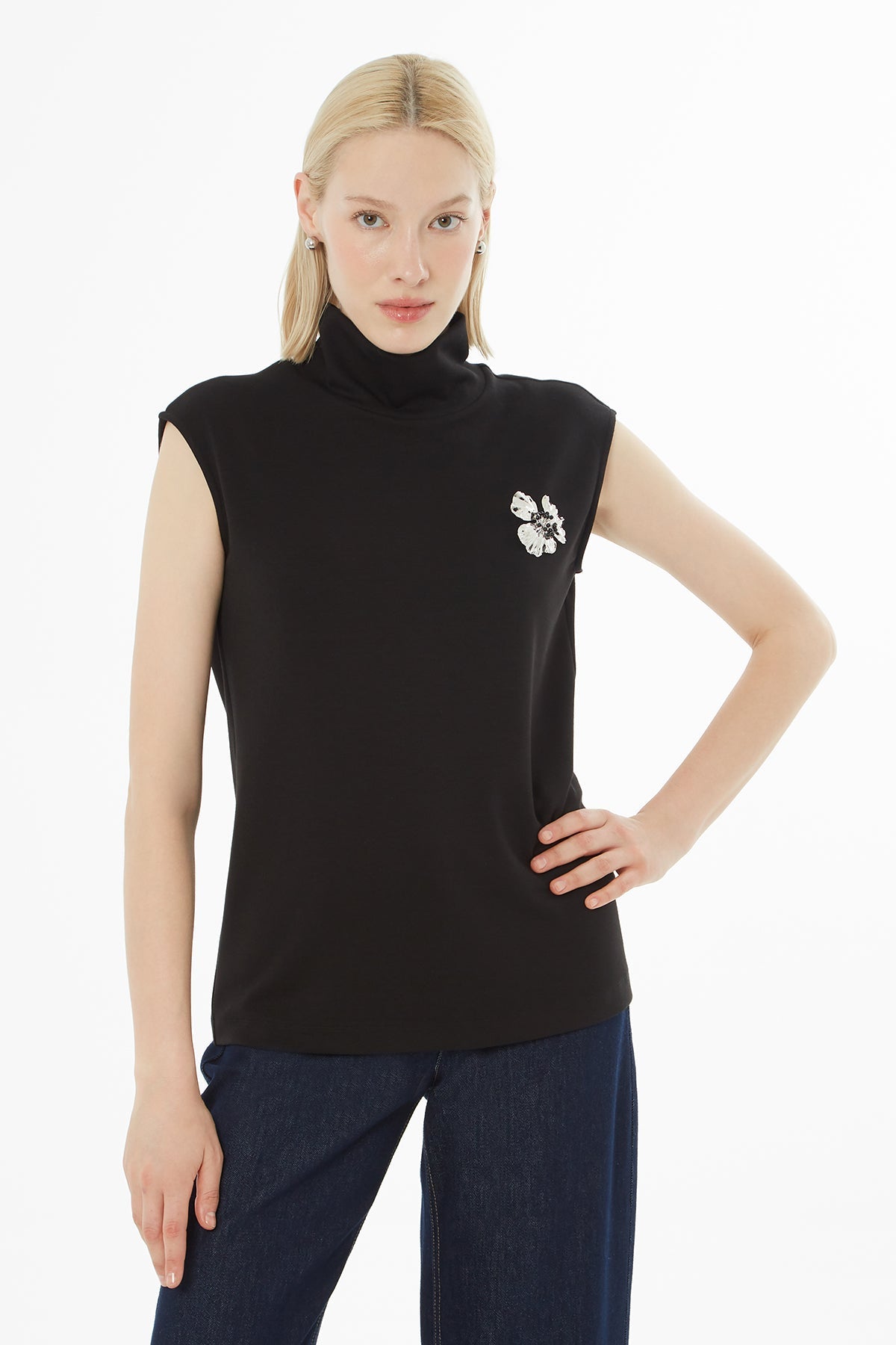 Black Blouse with Sewn Accessory Details