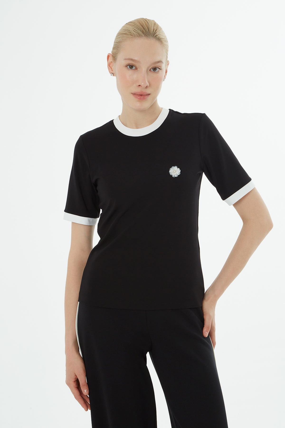 Black Blouse with Brooch Collar