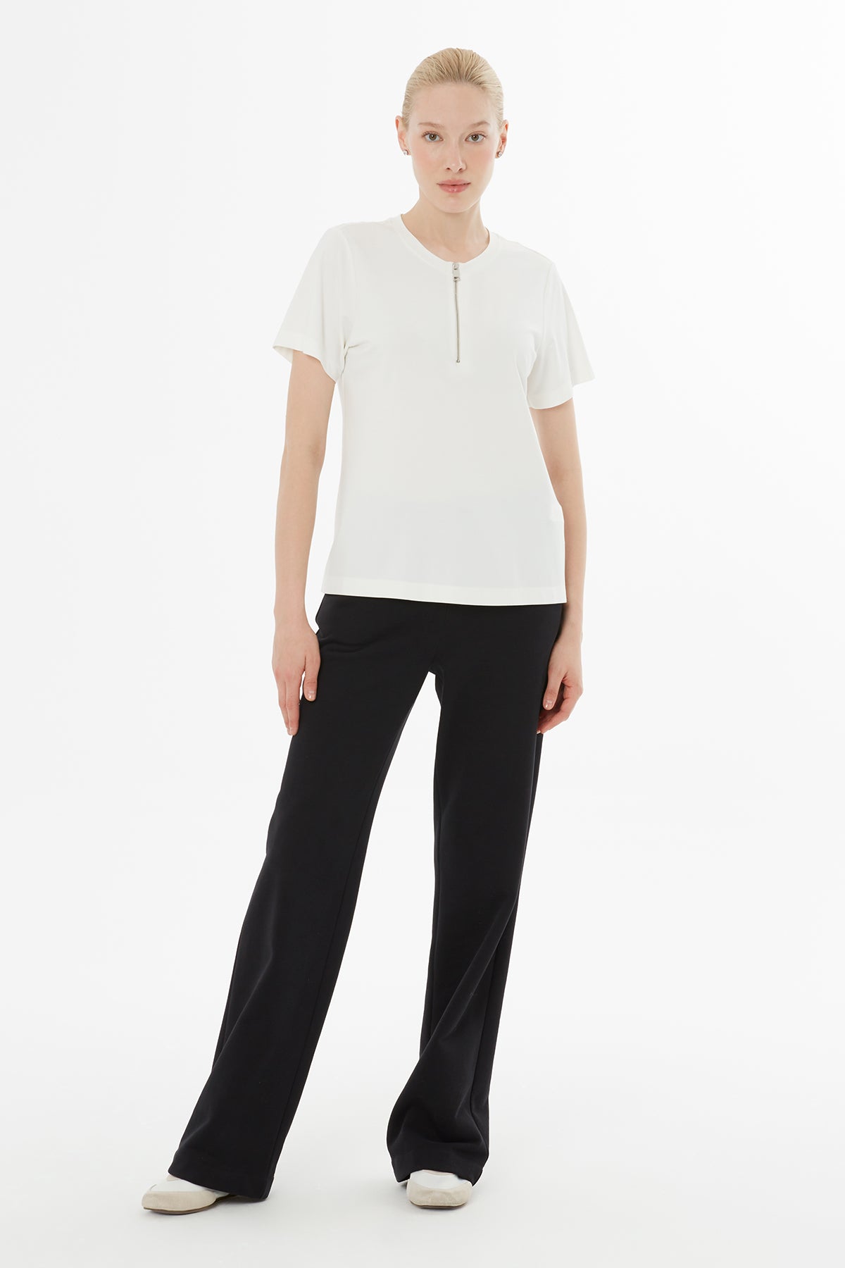 Ecru Front-Zipper Blouse