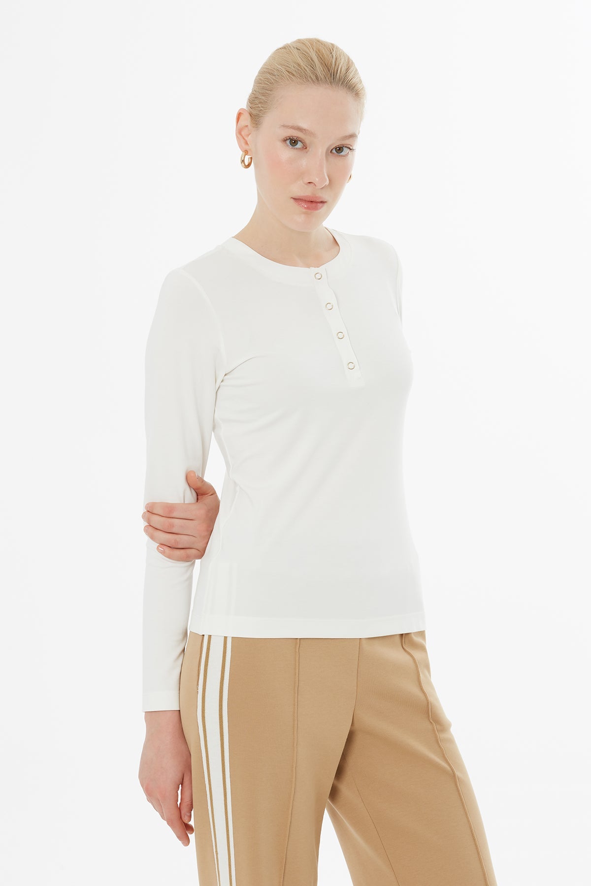 Ecru Front Snap-Button Blouse