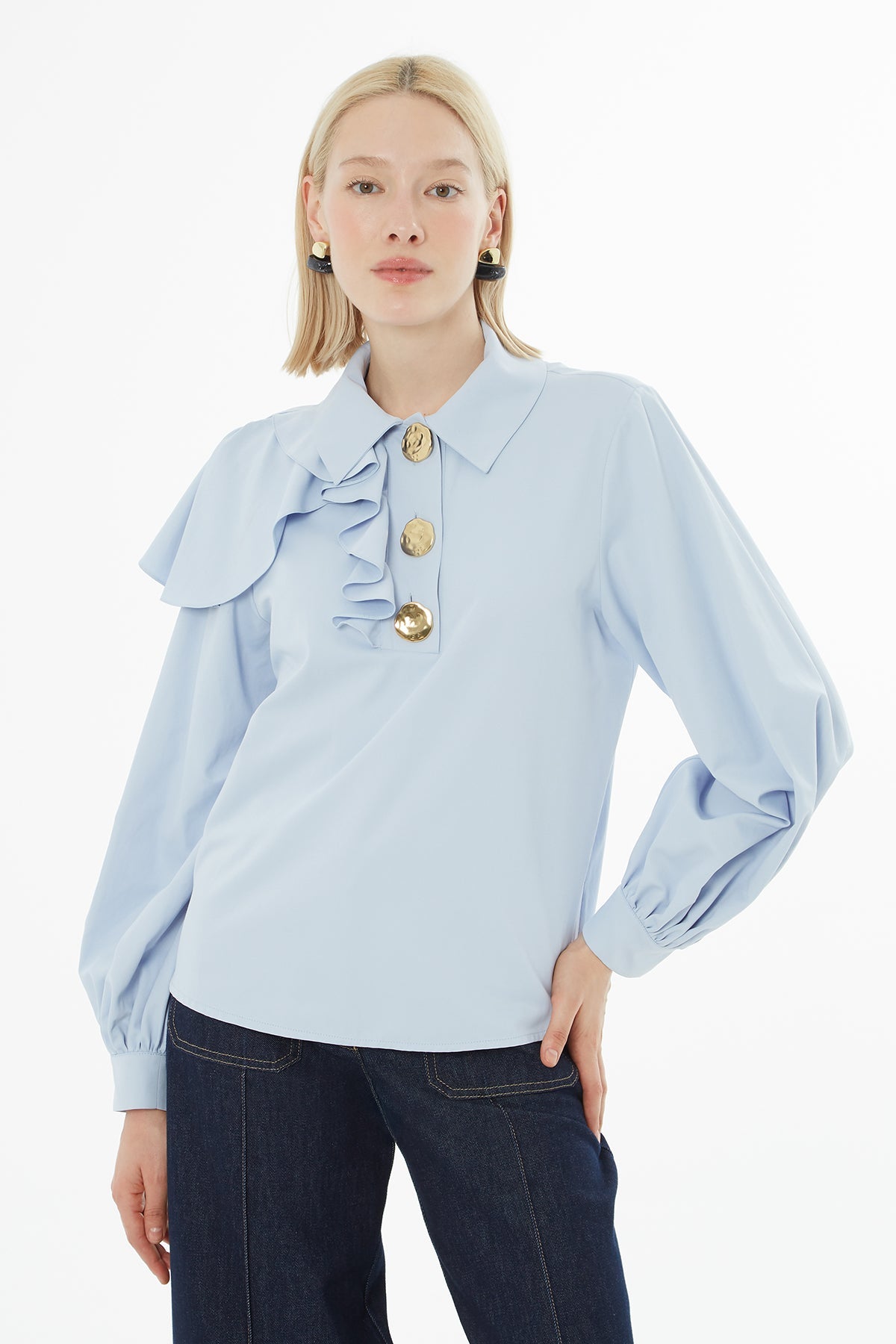 Blue Ruffled-Shoulder Shirt