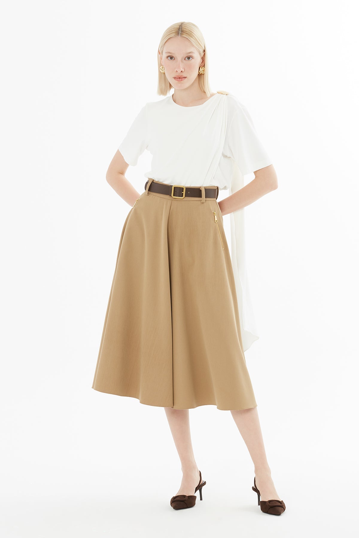 Camel Pleated Midi Skirt with Belt