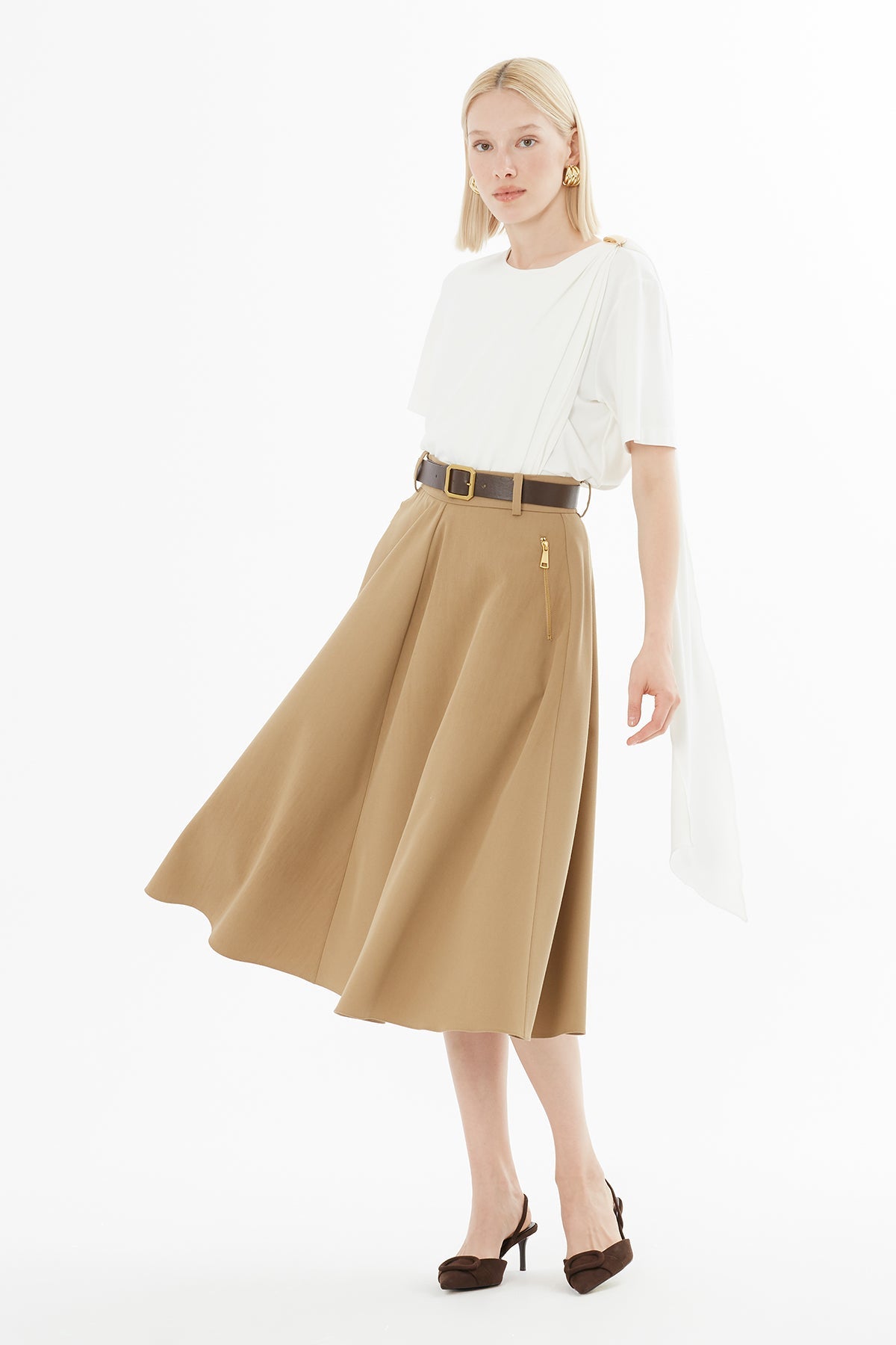 Camel Pleated Midi Skirt with Belt