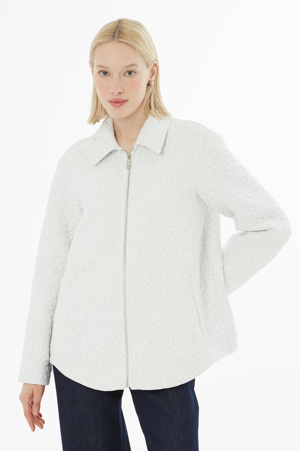 Ecru Jacket with Floral Brooch