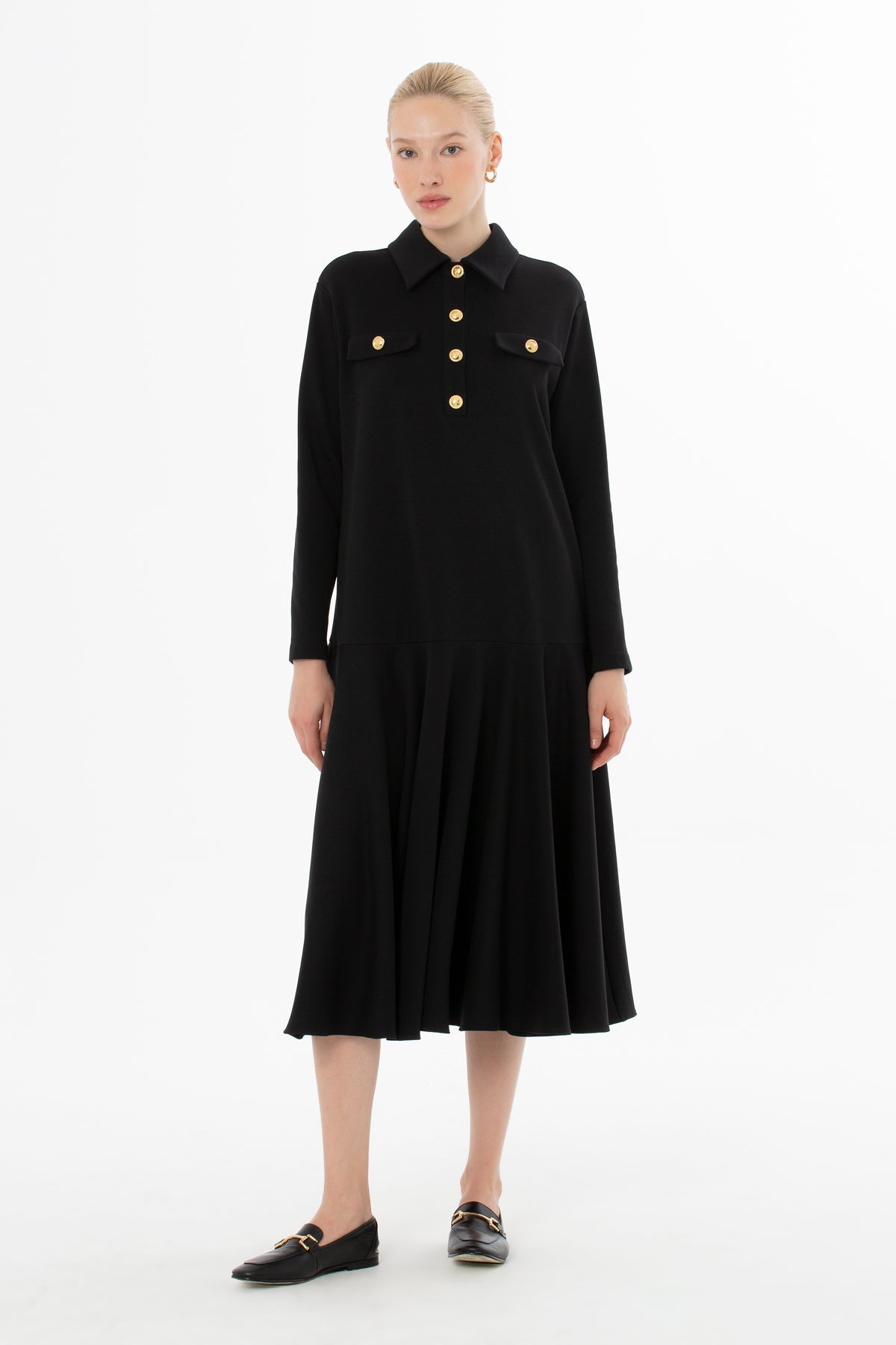 Black Button-Front Midi Dress