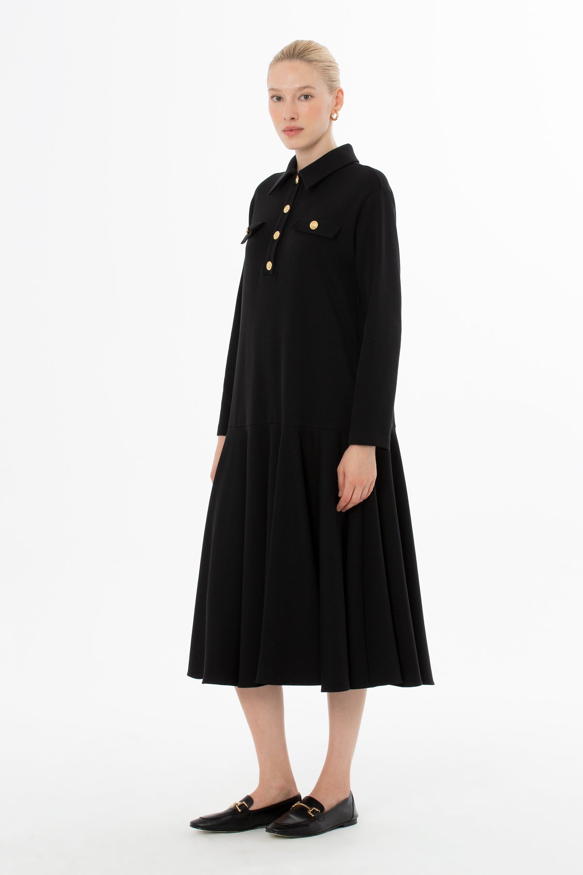 Black Button-Front Midi Dress