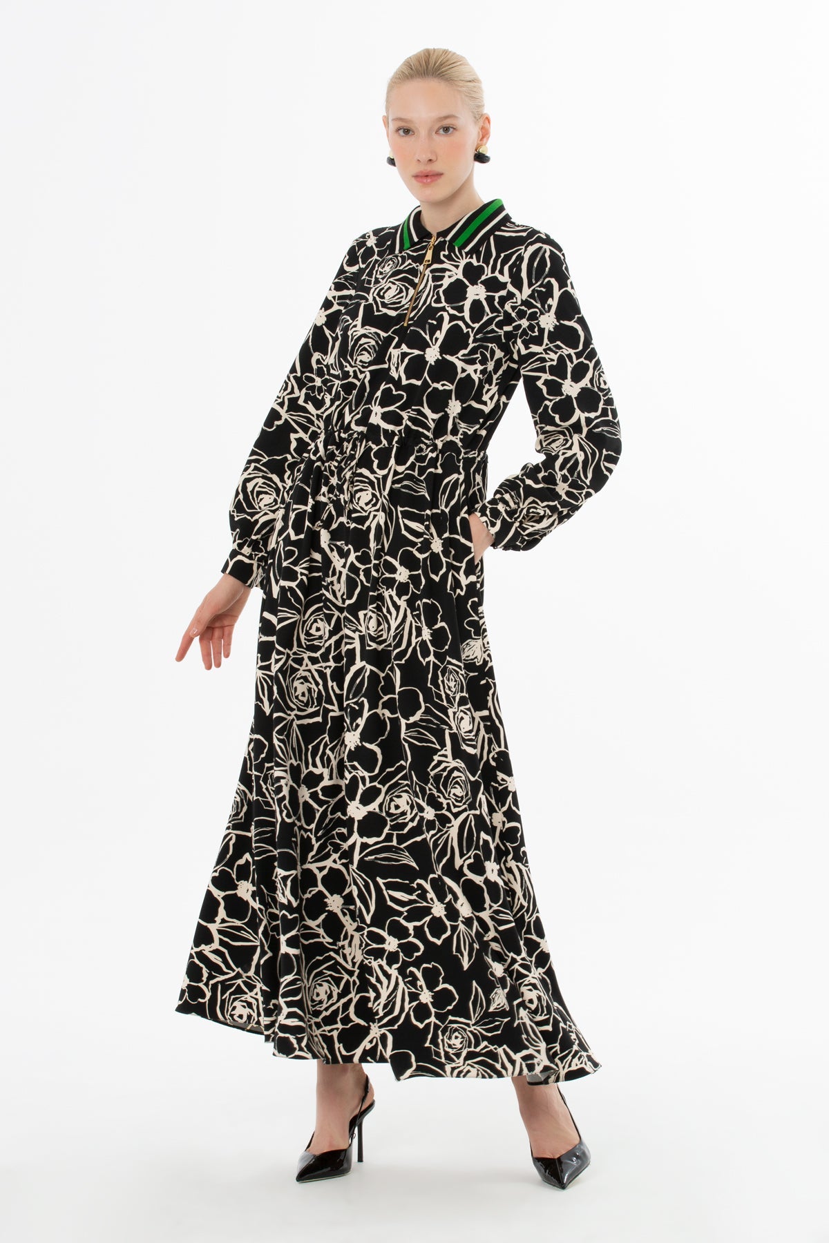 Printed Long Dress with Zip-Up Collar