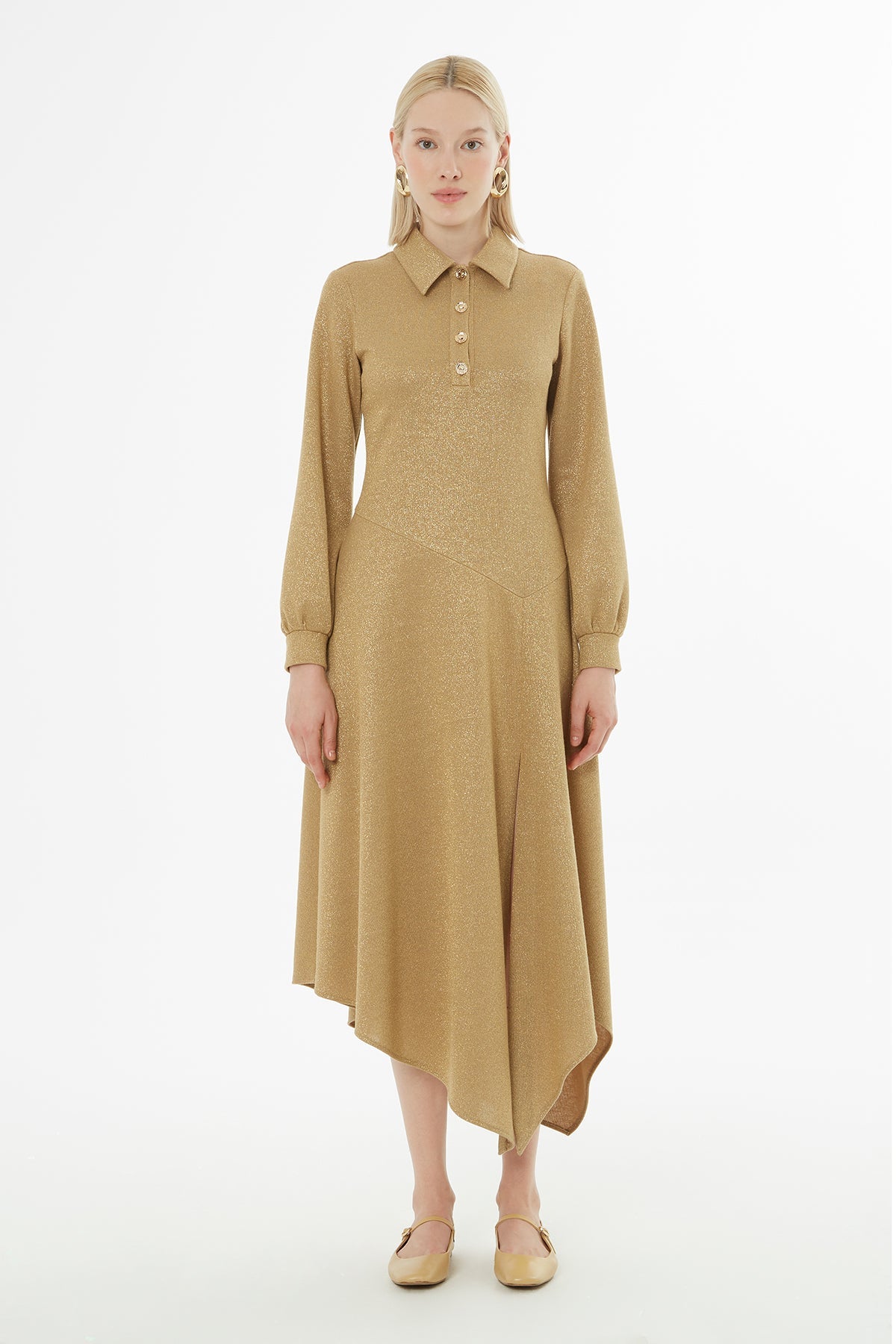 Long-Sleeved Midi Beige Dress