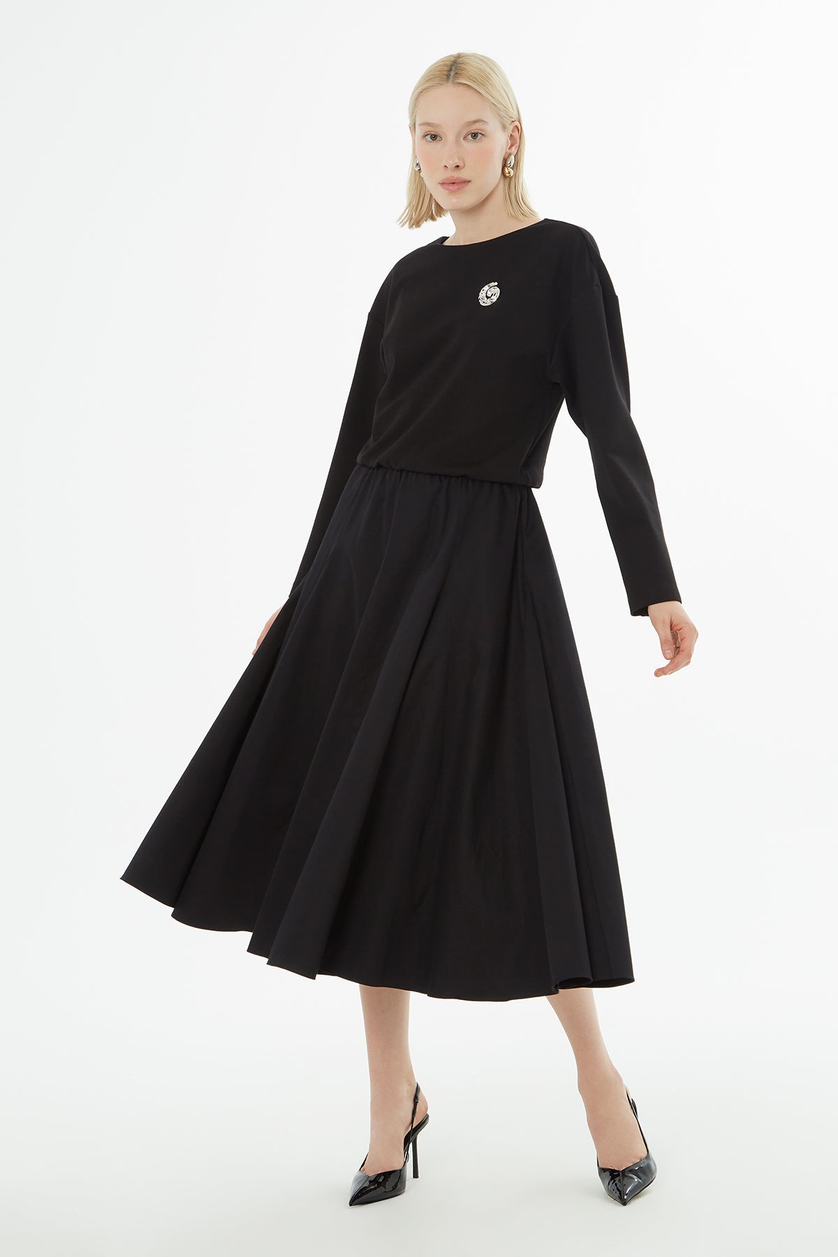 Black Midi Dress with Elastic Waist