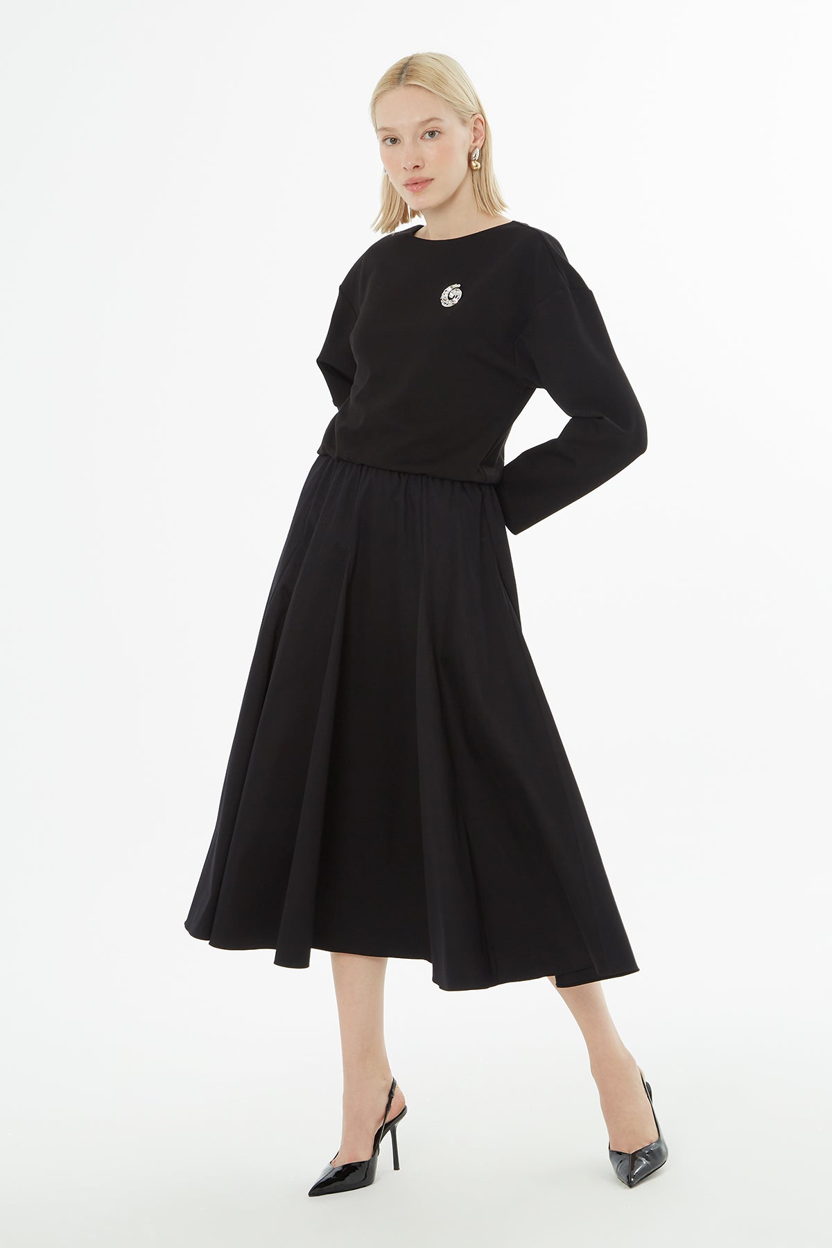 Black Midi Dress with Elastic Waist