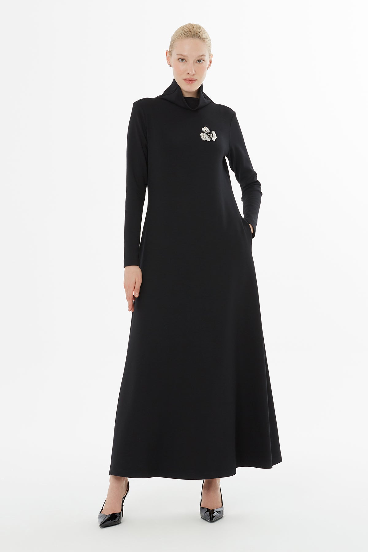 Black Turtleneck Long Dress with Brooch