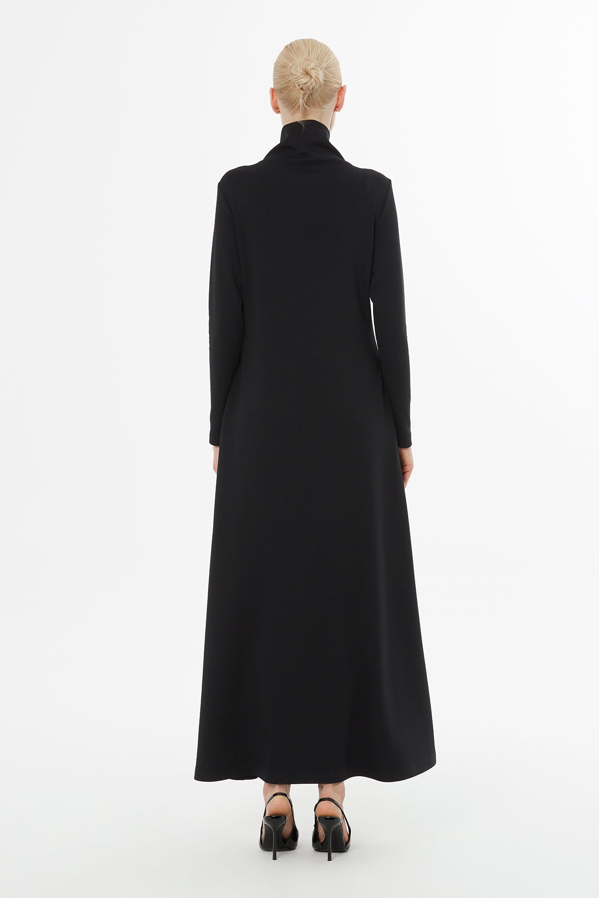 Black Turtleneck Long Dress with Brooch