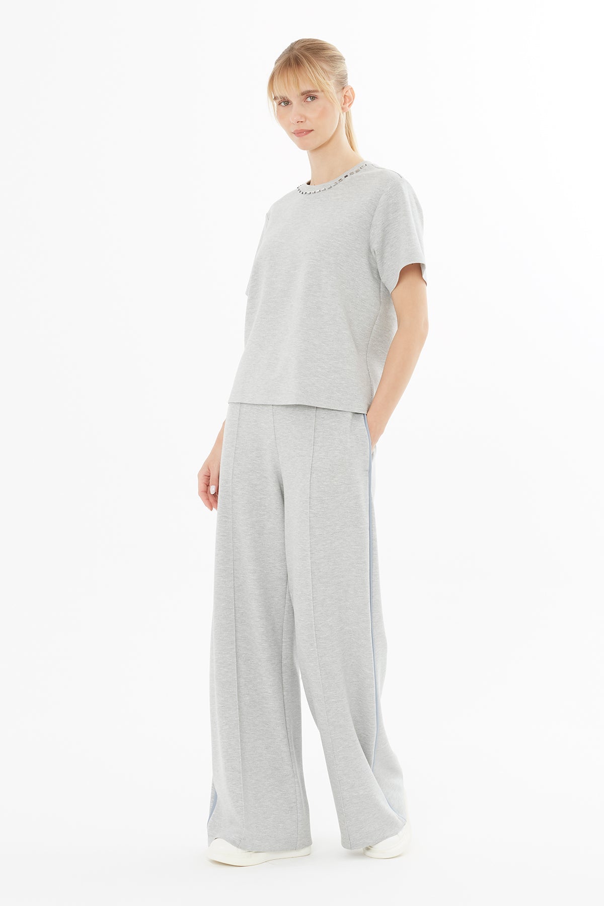 Grey Short-Sleeved Blouse with Beading