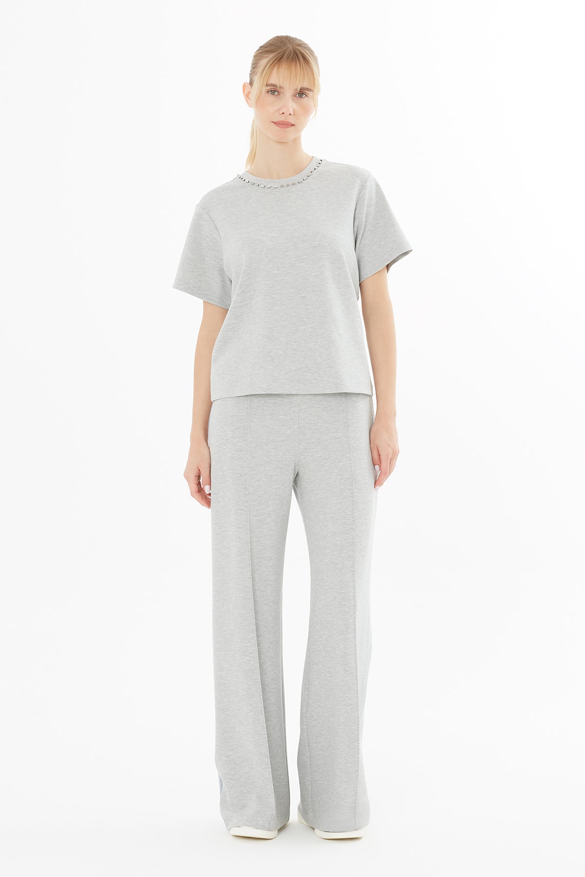 Grey Short-Sleeved Blouse with Beading