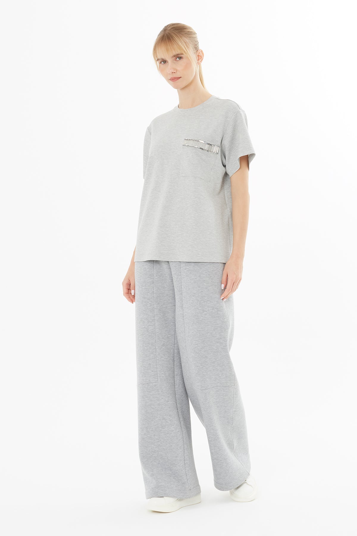 Gray Blouse with Beaded Pocket Detail