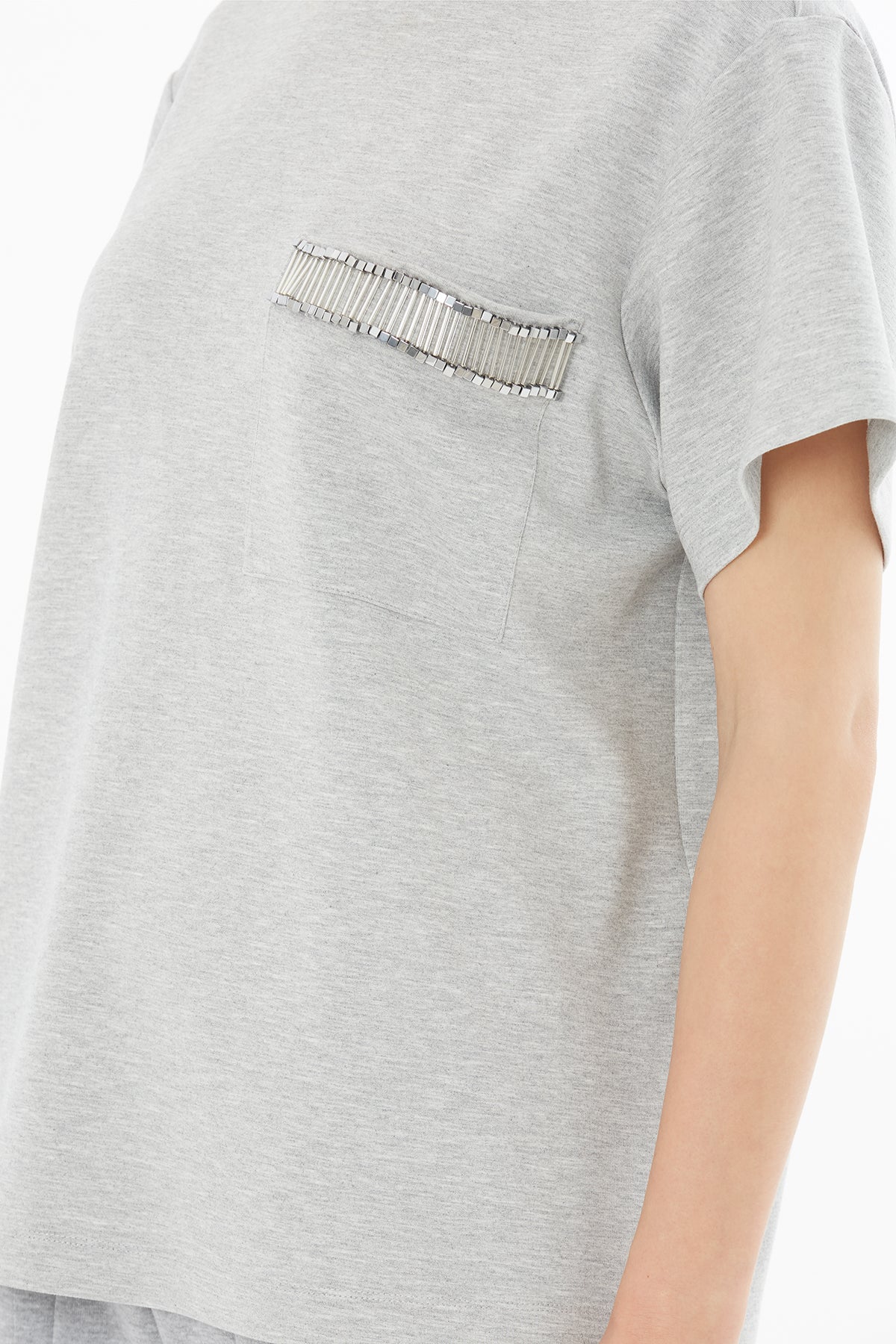 Gray Blouse with Beaded Pocket Detail