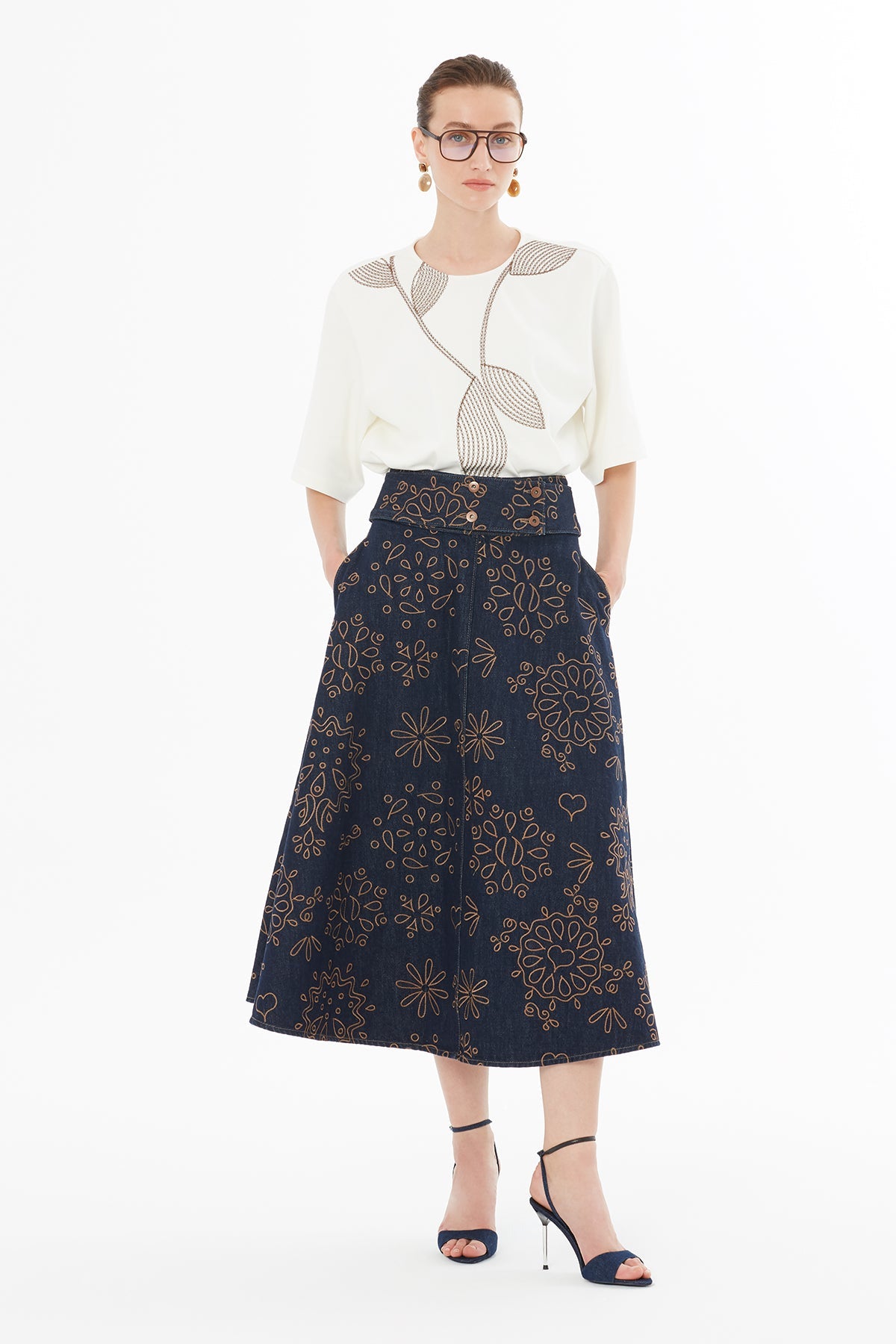 Printed Bell-Shaped Denim Midi Skirt