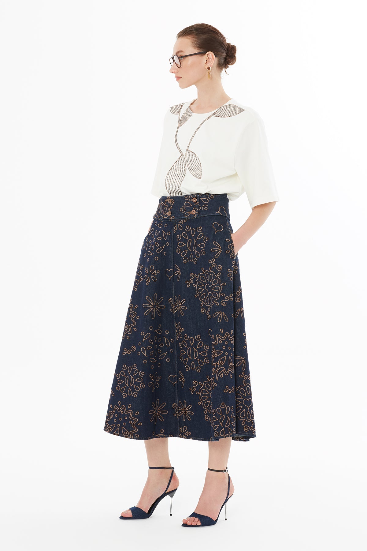 Printed Bell-Shaped Denim Midi Skirt