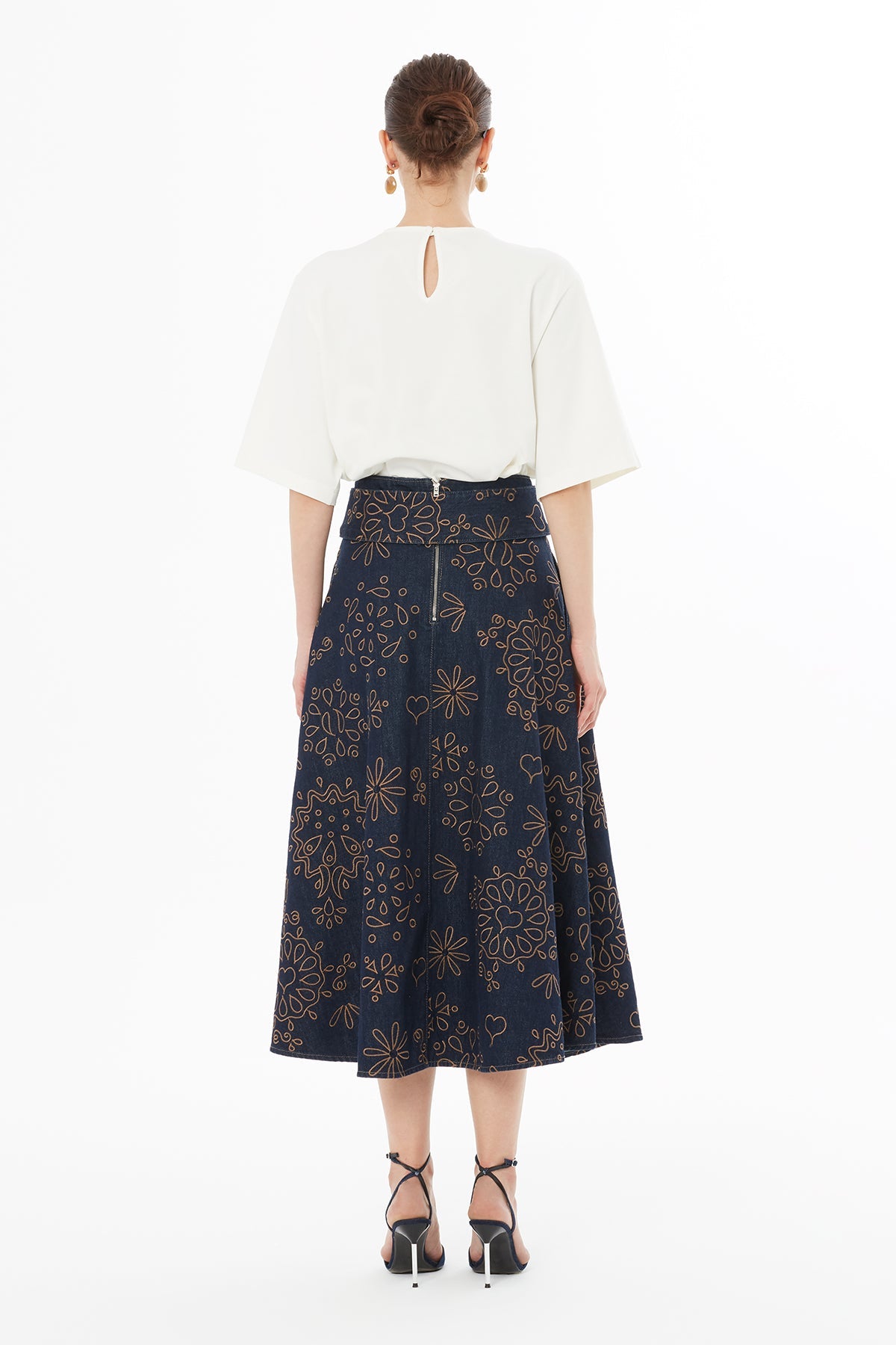 Printed Bell-Shaped Denim Midi Skirt