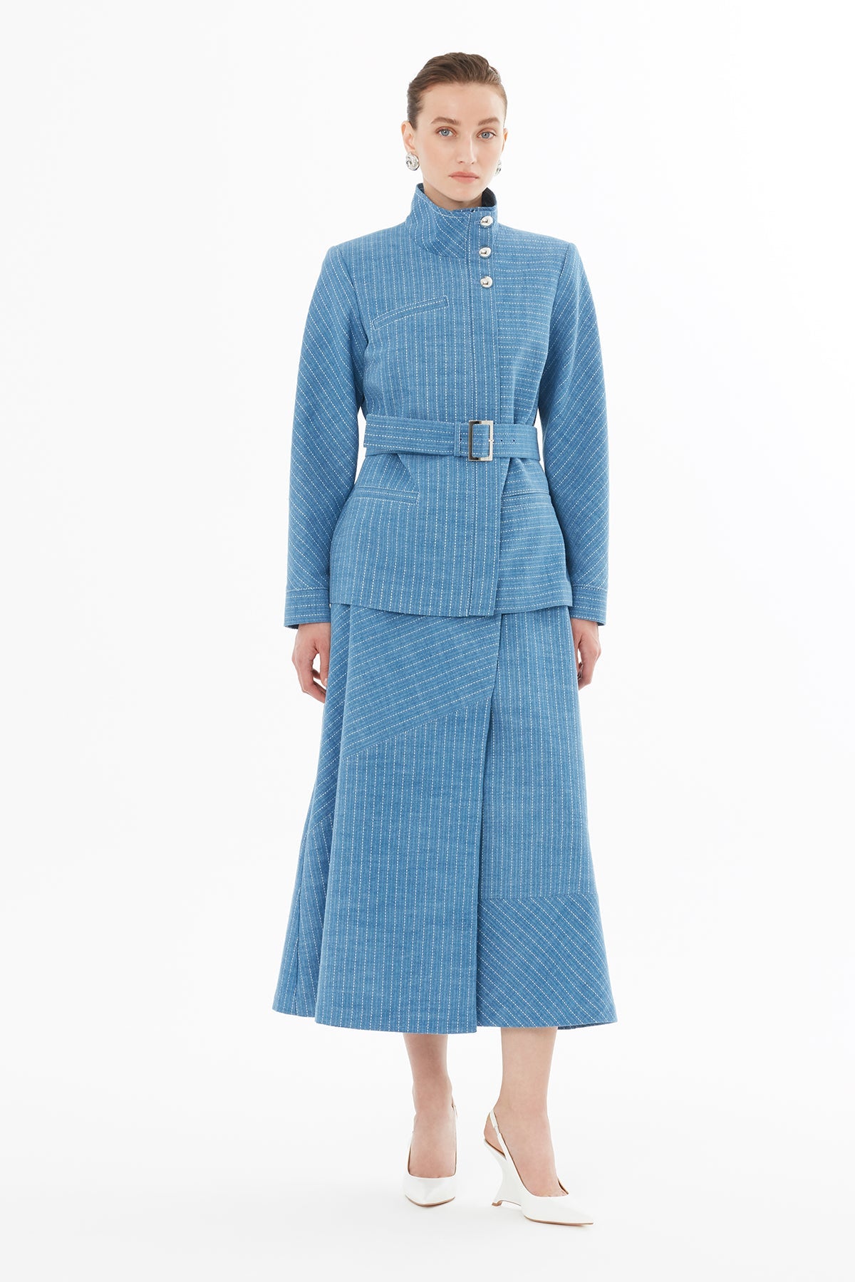 Belted Denim Jacket with Button Details