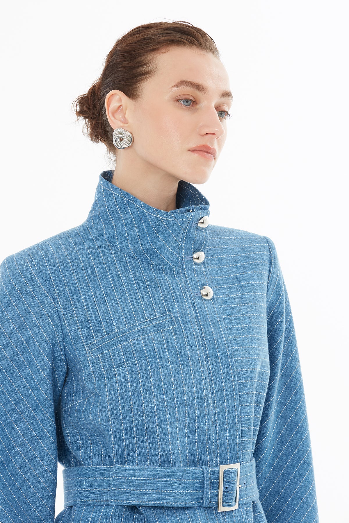 Belted Denim Jacket with Button Details